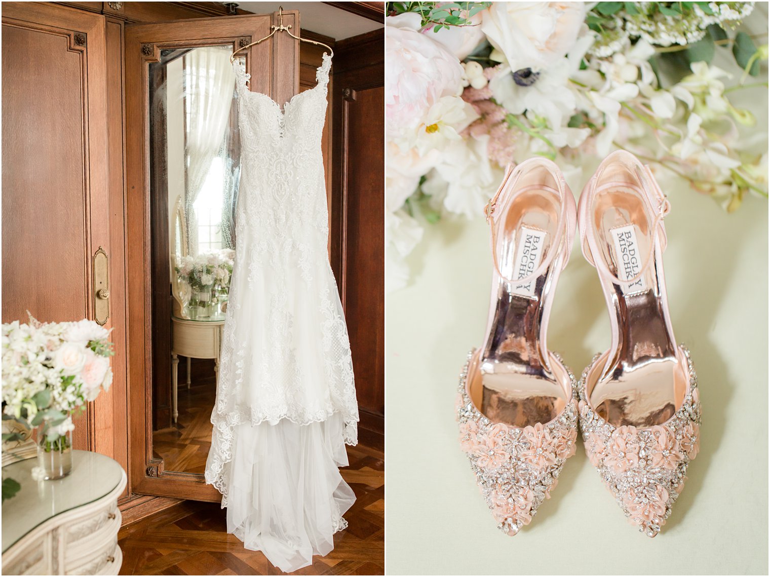 Wedding dress and Badgley Mischka shoes at The Castle at Skylands Manor Wedding Photos by Idalia Photography