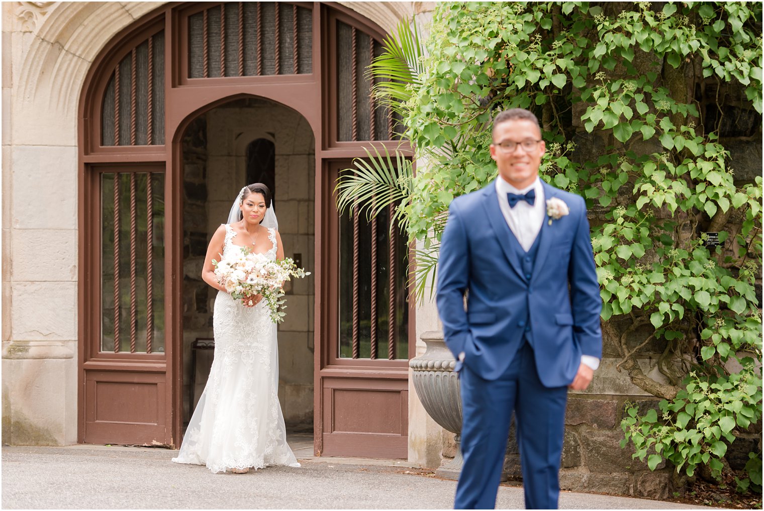 first look during The Castle at Skylands Manor Wedding Photos by Idalia Photography