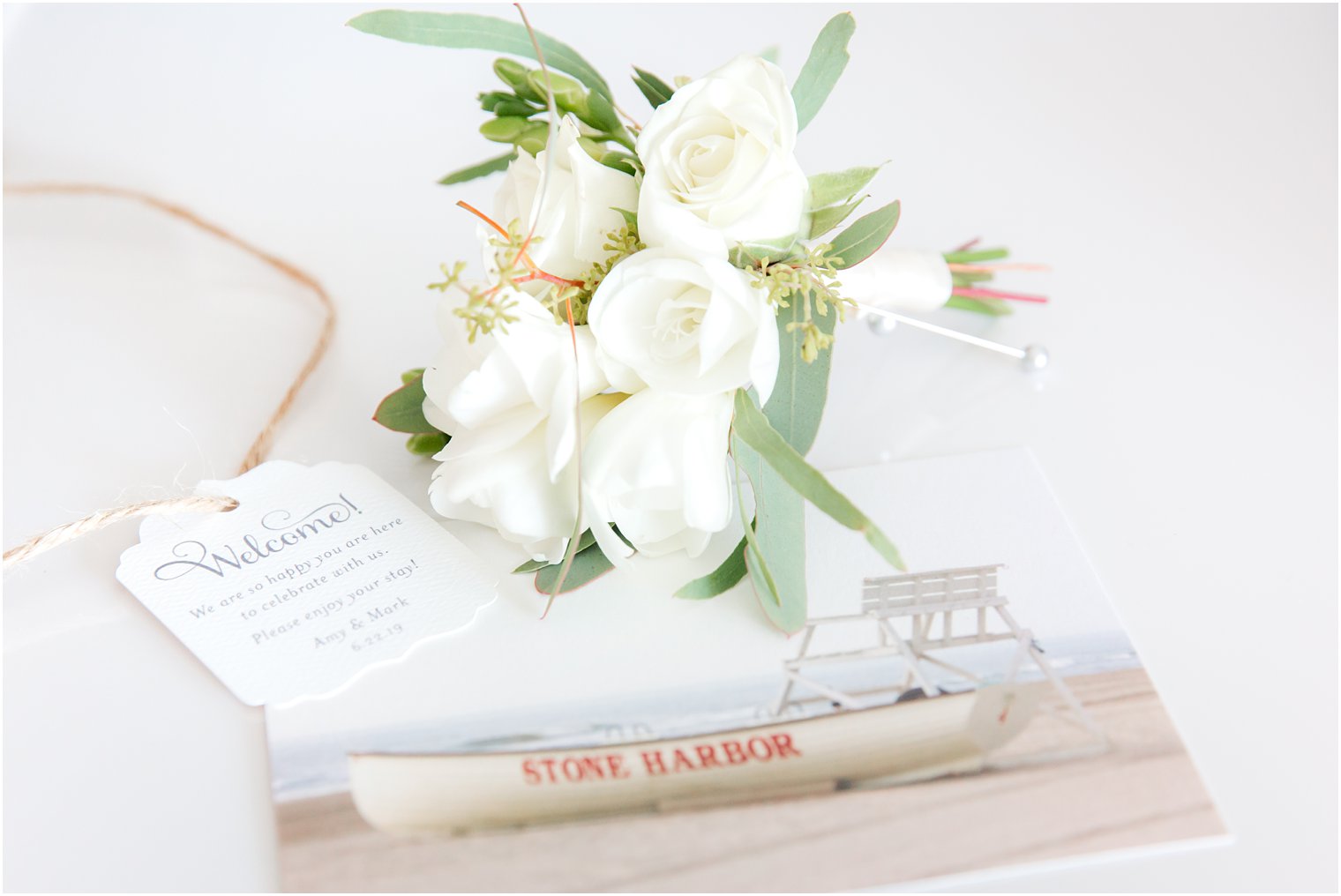 Stone Harbor post card with groom's boutonniere