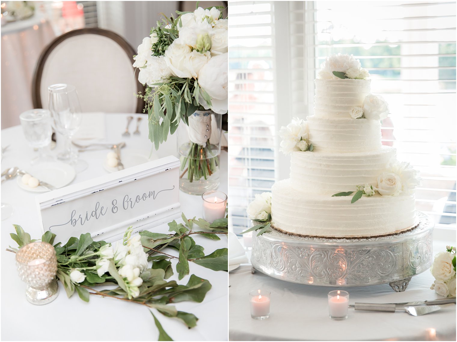 Wedding floral center pieces and cake at Stone Harbor Golf Club Wedding 