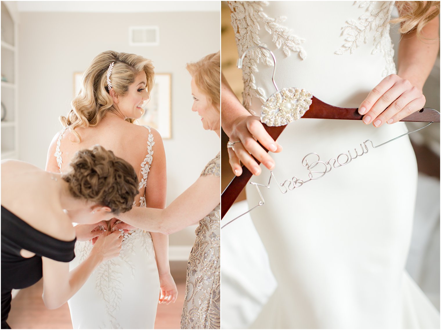 bride getting ready with maid of honor and mother