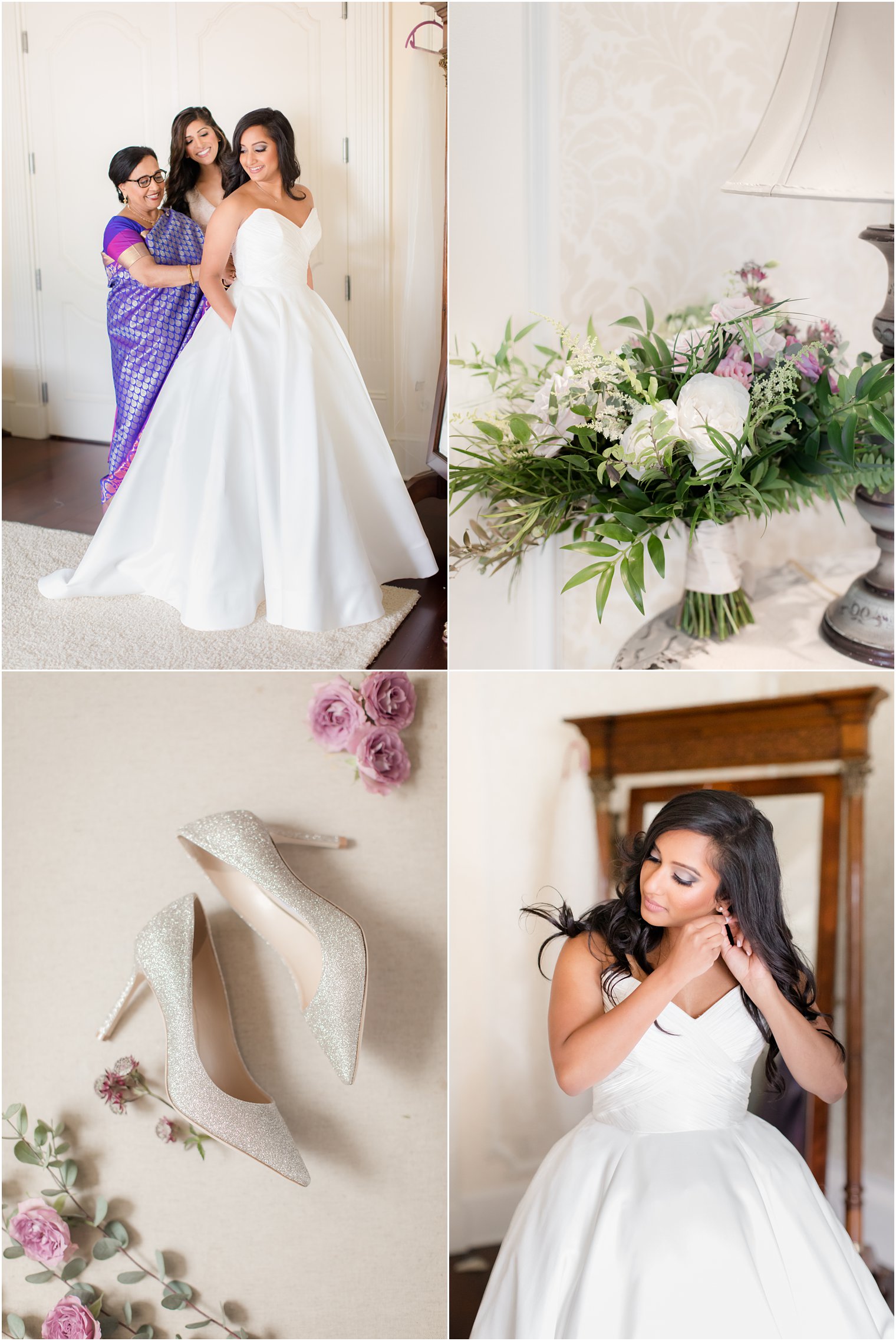 Bride getting ready for her wedding day with mother and maid of honor