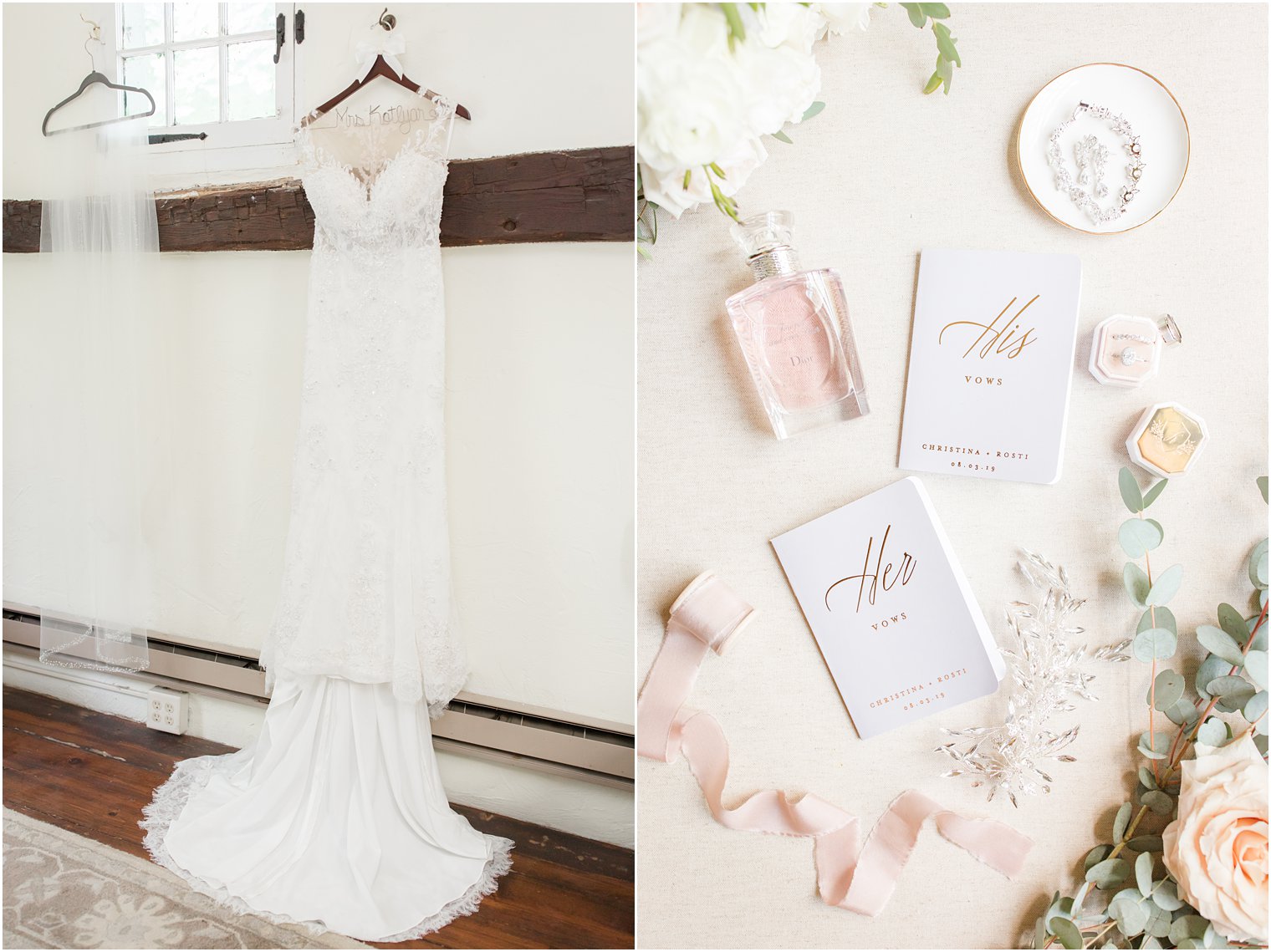 Wedding dress and vow books in Grain House at the Olde Mill Inn Wedding Photos 