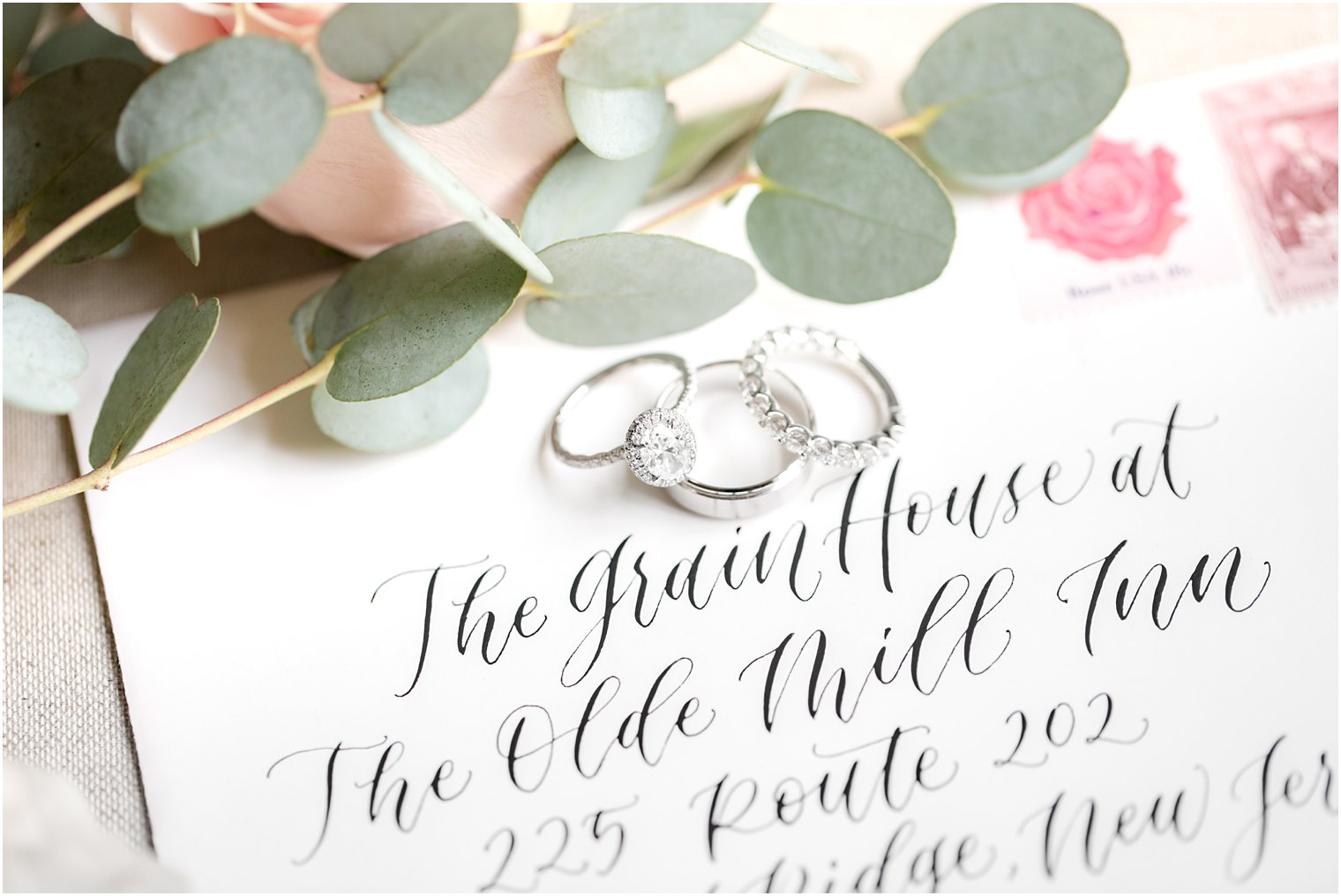 Wedding bands on envelope with calligraphy by The Shaded Maple