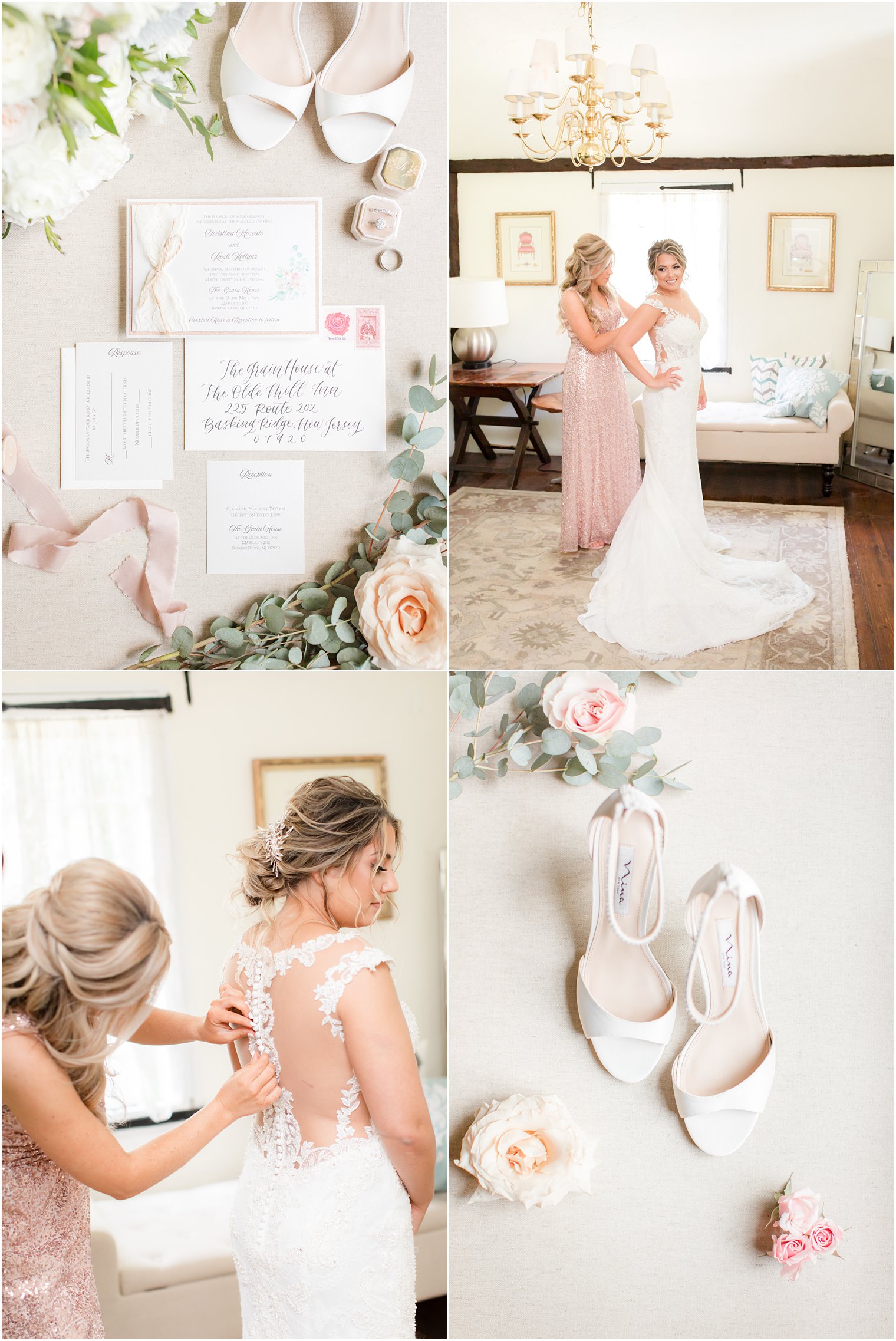 Bride getting dressed with maid of honor 