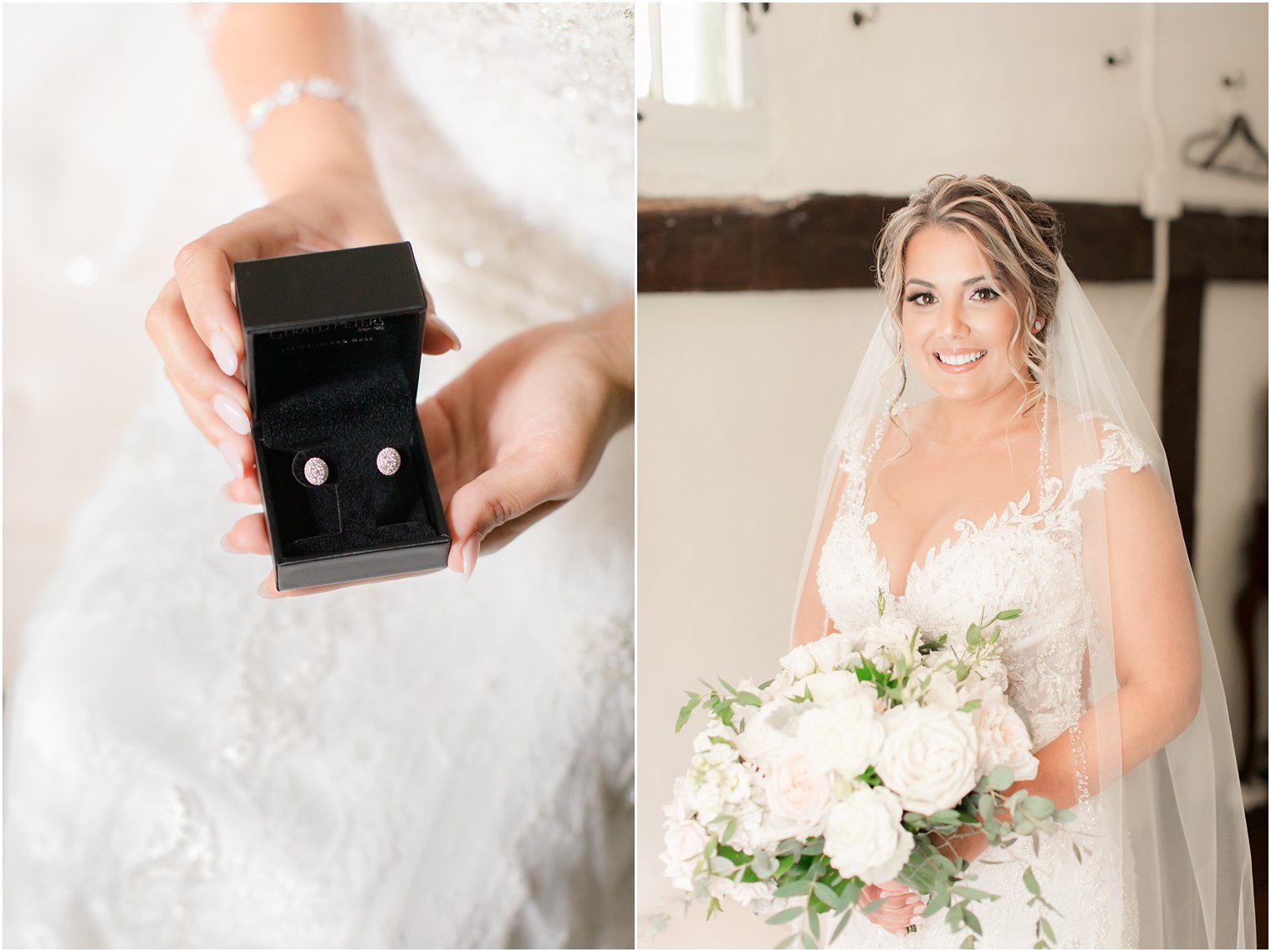 Bride wearing diamond earrings from groom