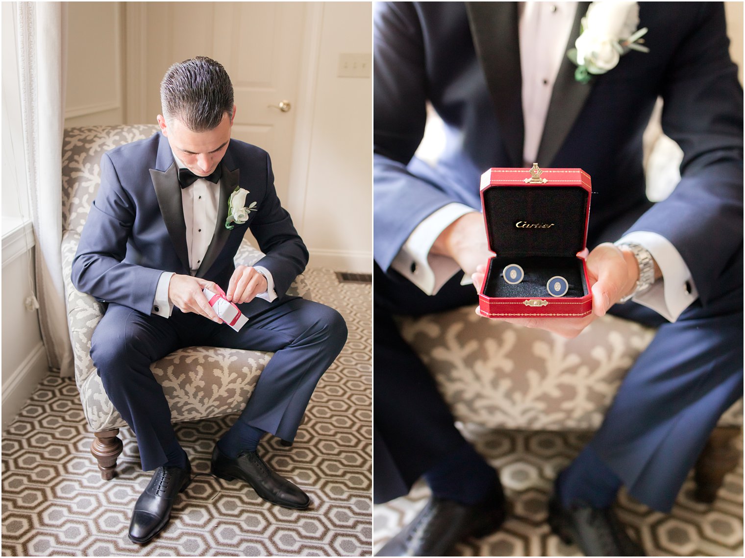 Groom opening gift from bride | Cartier cufflinks