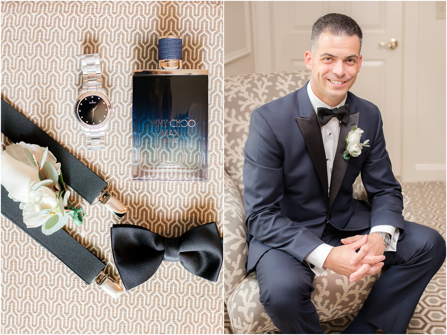 Groom posing for photos in blue tuxedo