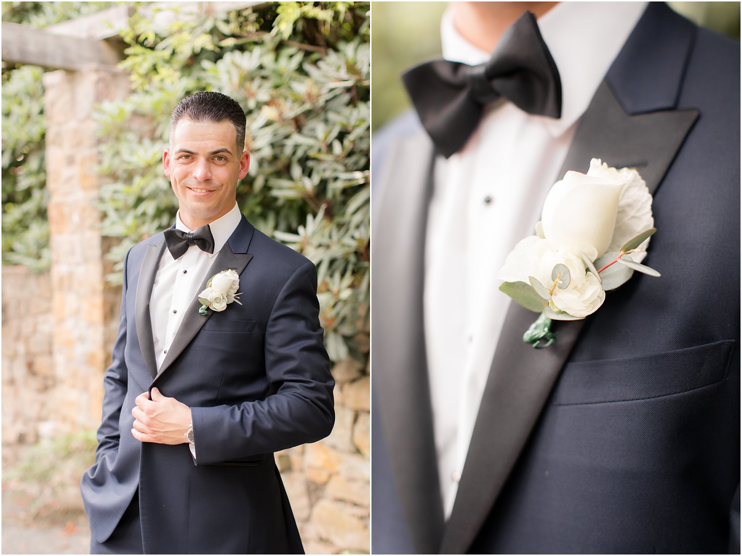 Groom wearing blue tuxedo with black tie