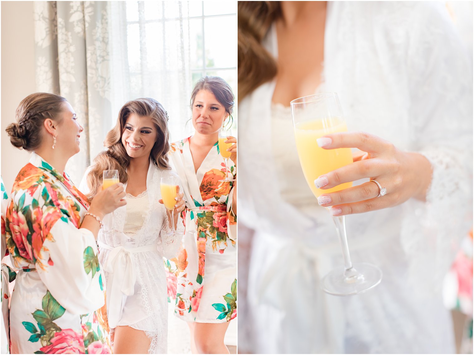 Bride and bridesmaids toasting on wedding morning