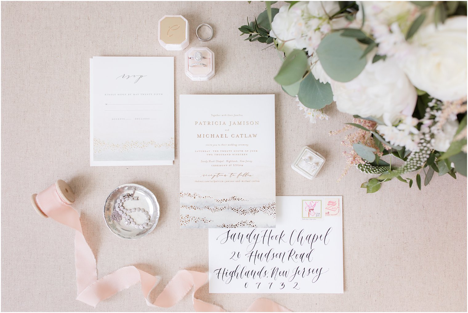Classic Sandy Hook Chapel wedding invitations from Minted photographed by Idalia Photography