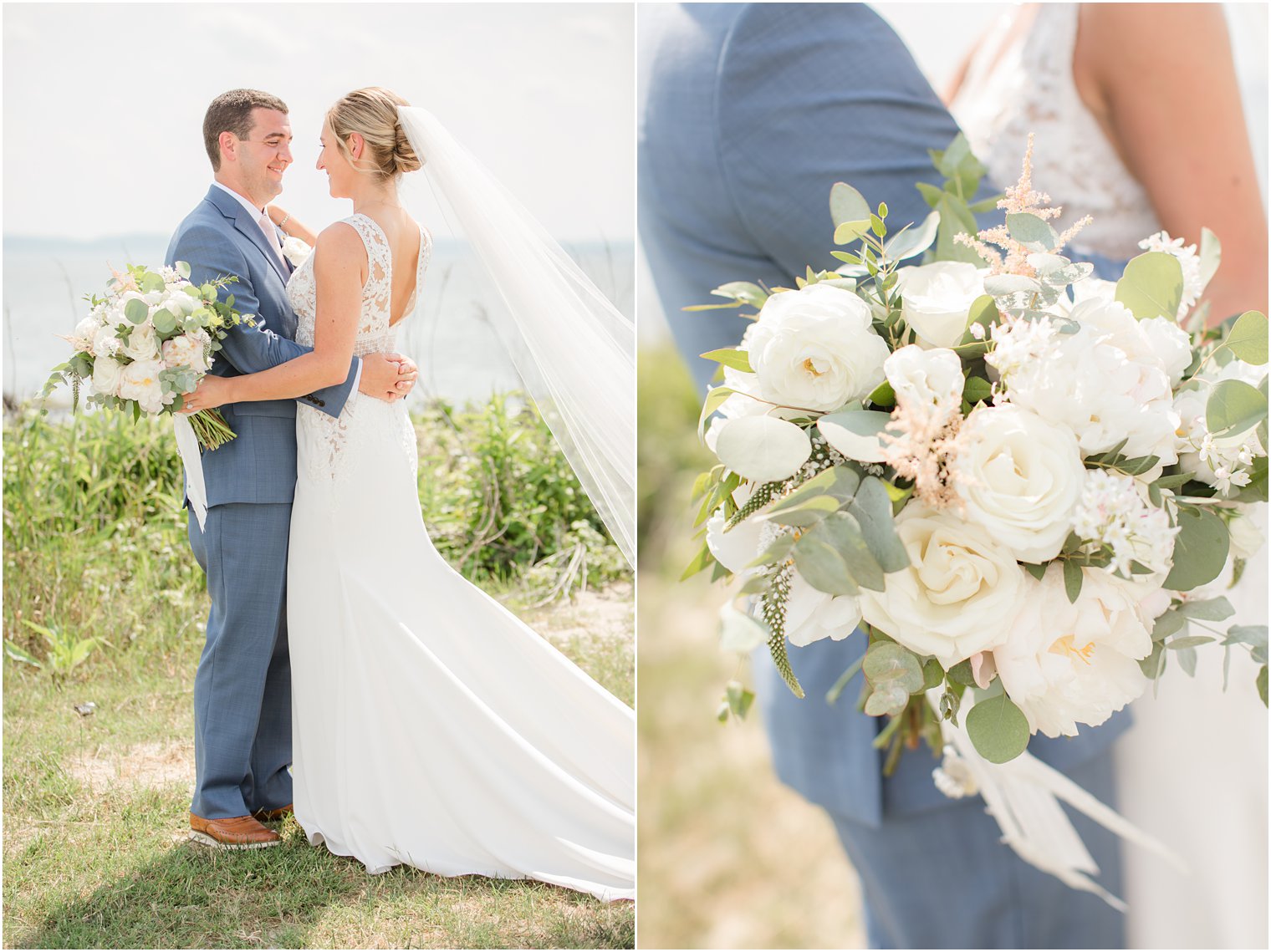 bride and groom on NJ wedding day photographed by Idalia Photography with Faye and Renee wedding bouquet