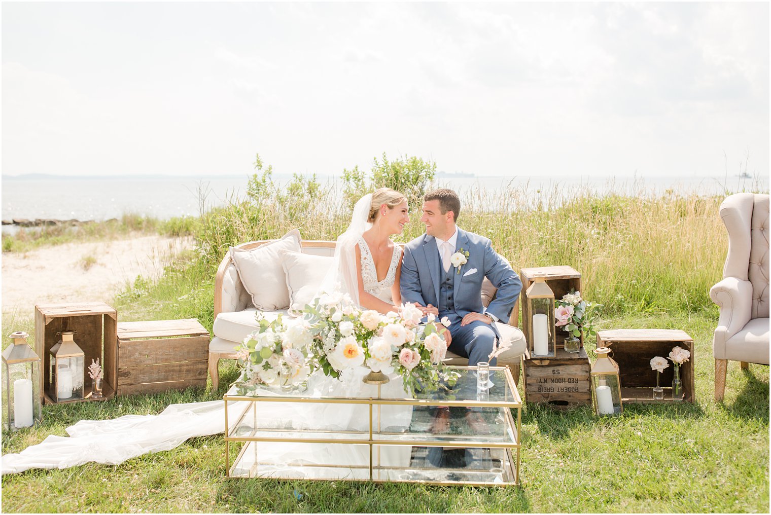 Sandy Hook Chapel wedding day with outdoor reception seating by Idalia Photography