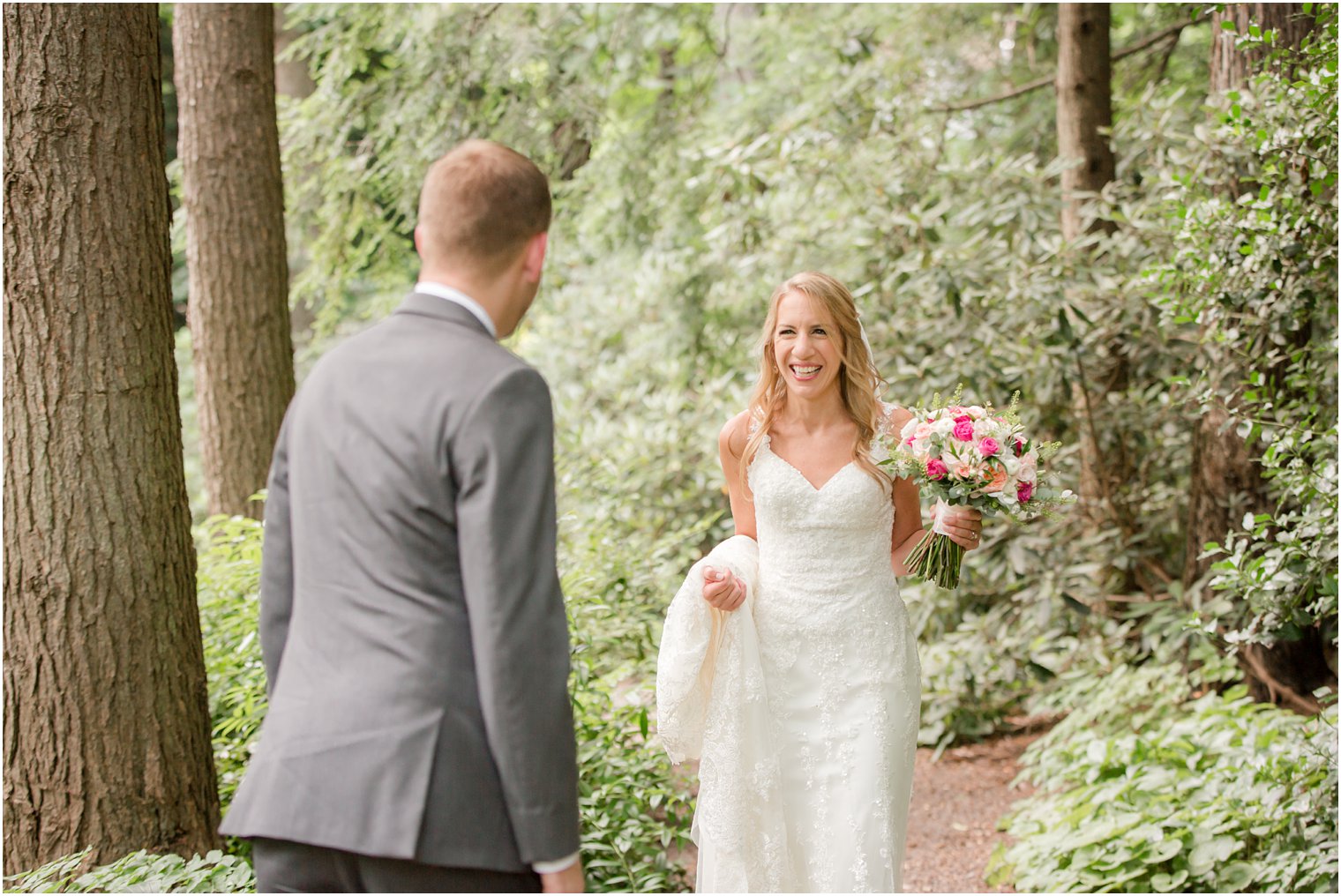 Bride and groom first look | Stone House at Stirling Ridge Wedding Photography by Idalia Photography