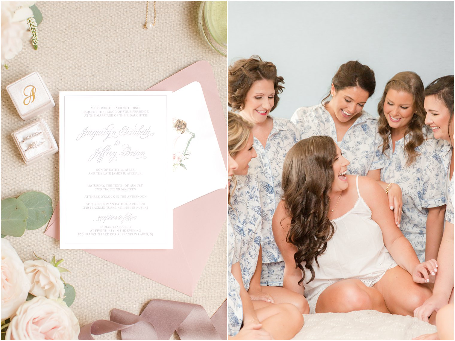 Wedding invitations by Narrative Designs Co. and bride and bridesmaids wearing floral pajamas