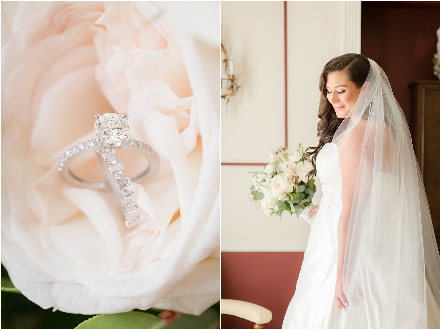 Bride's engagement ring and wedding band in rose