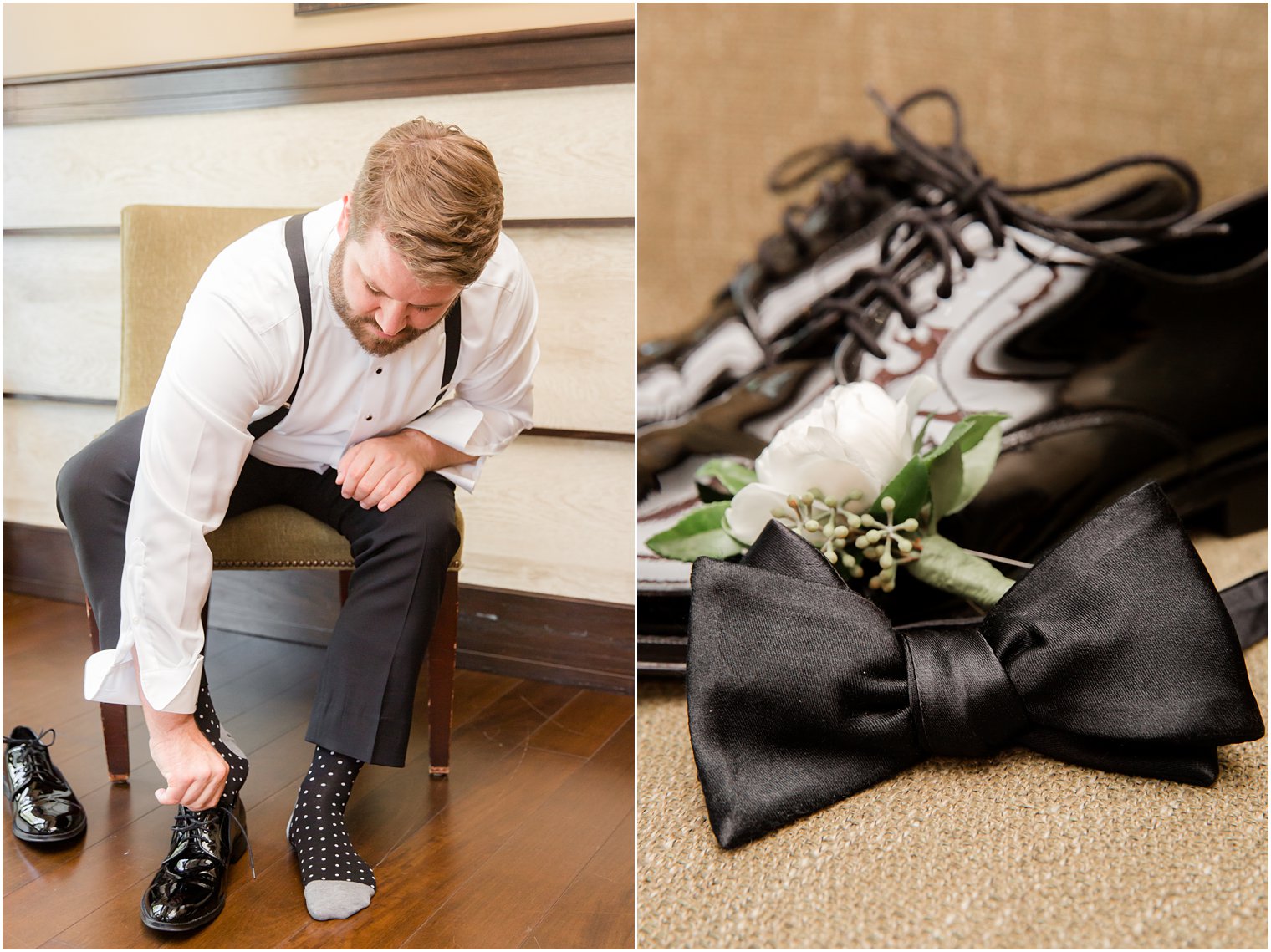 Groom putting on his shoes on his wedding day