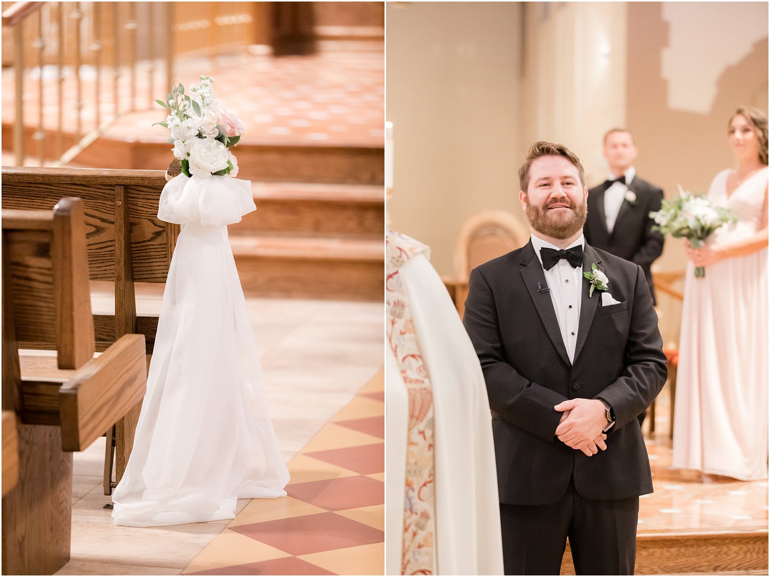 Groom watching bride walk down the aisle.