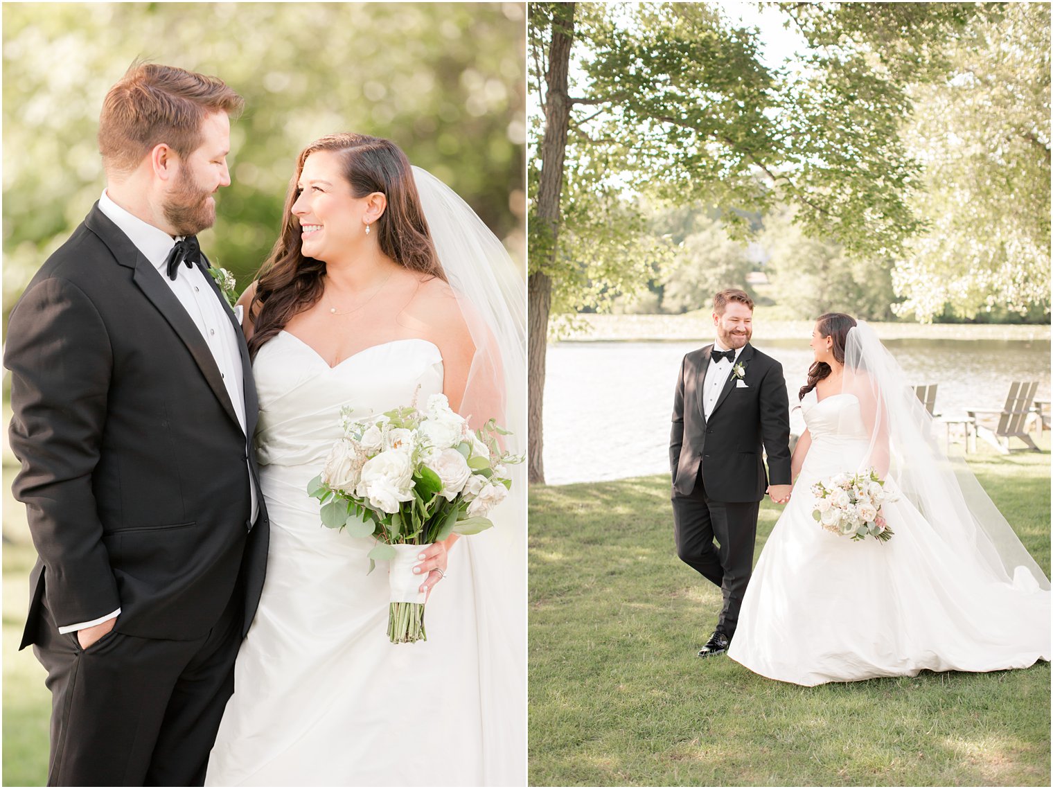 Bride and groom posing for photos on the grounds of Indian Trail Club 