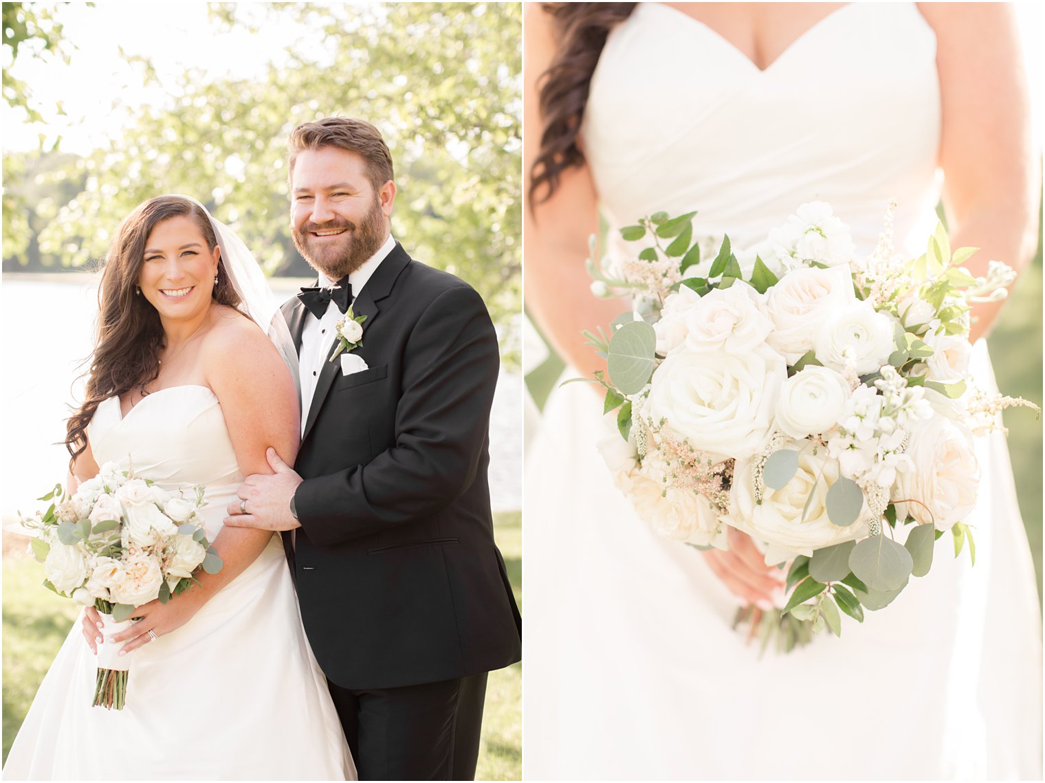 Bride and groom posing for romantic wedding portraits 