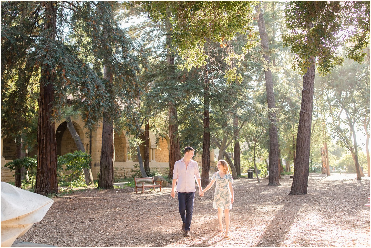 Couple walking on Stanford University campus