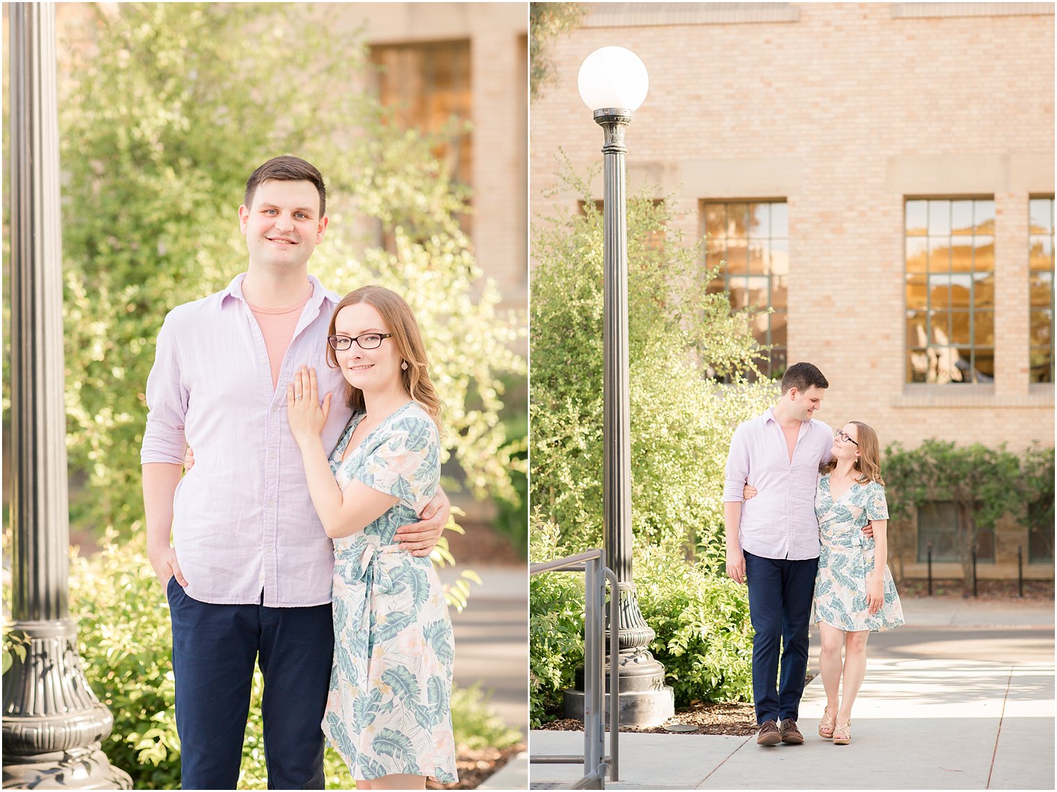 young couple during engagement session on Stanford University campus