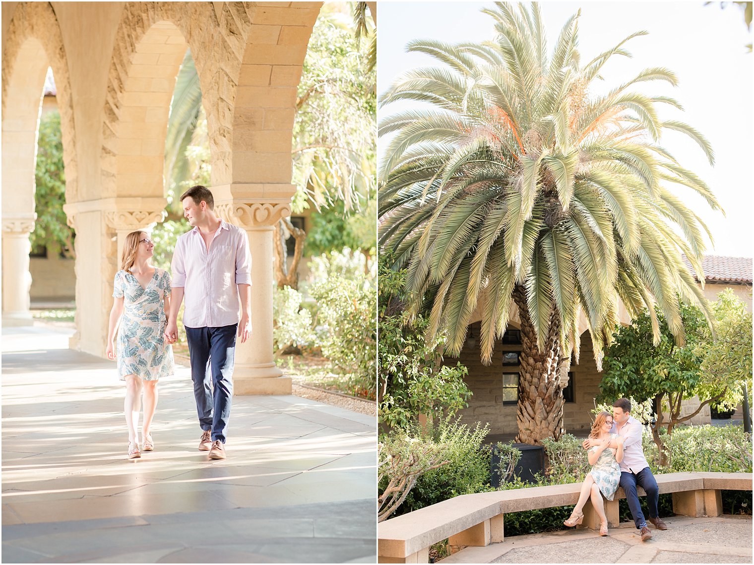Engagement photos with palm trees and arches