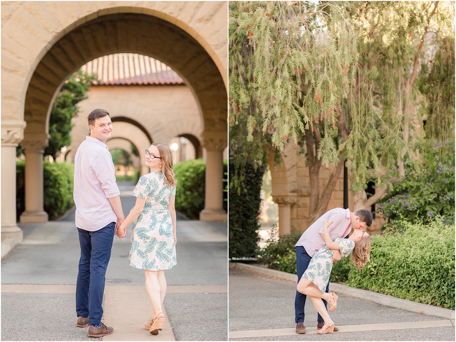 Couple posing for engagement photos at Stanford University