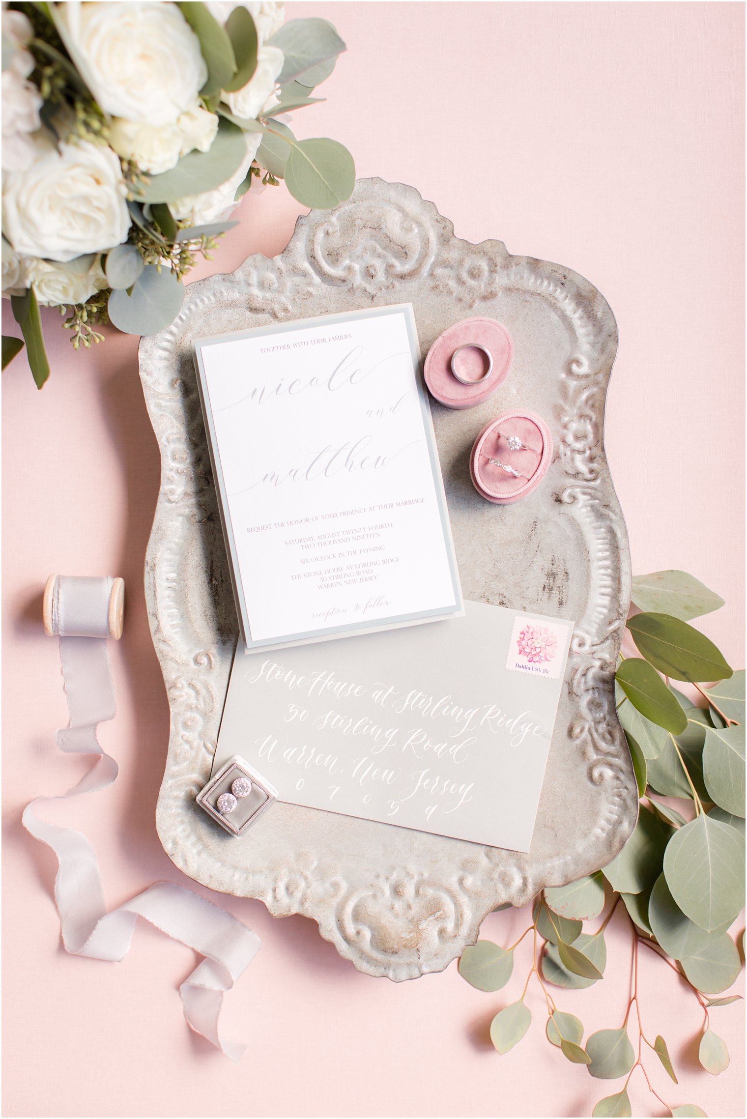 White and gray wedding invitation | Stone House at Stirling Ridge Wedding Photos by NJ Wedding Photographers Idalia Photography