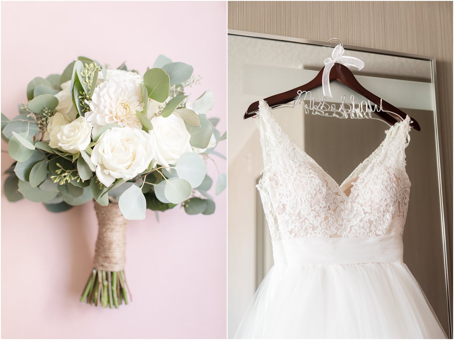 Bridal bouquet and wedding gown on custom hanger