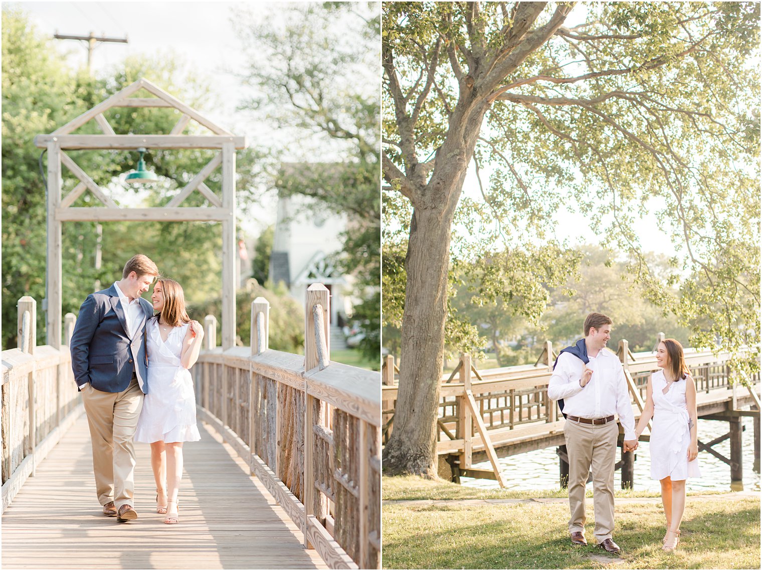 Bride and groom posing for their engagement photos in Spring Lake