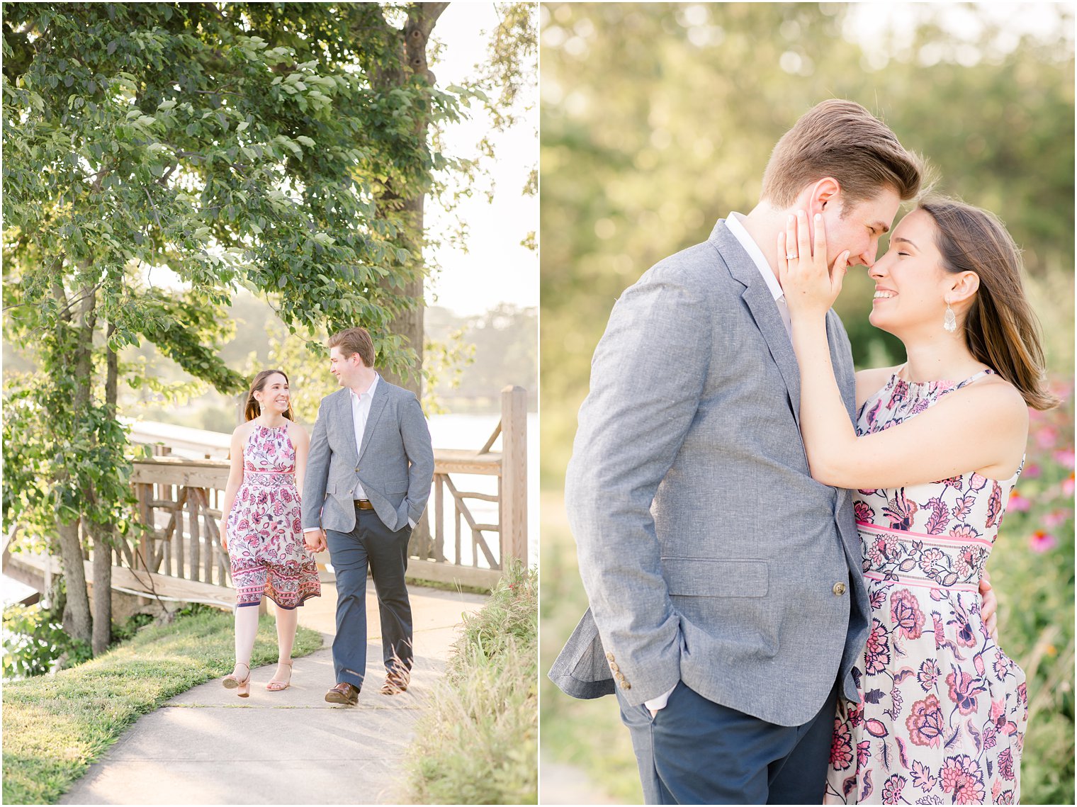 Bride wearing floral dress for engagement photos
