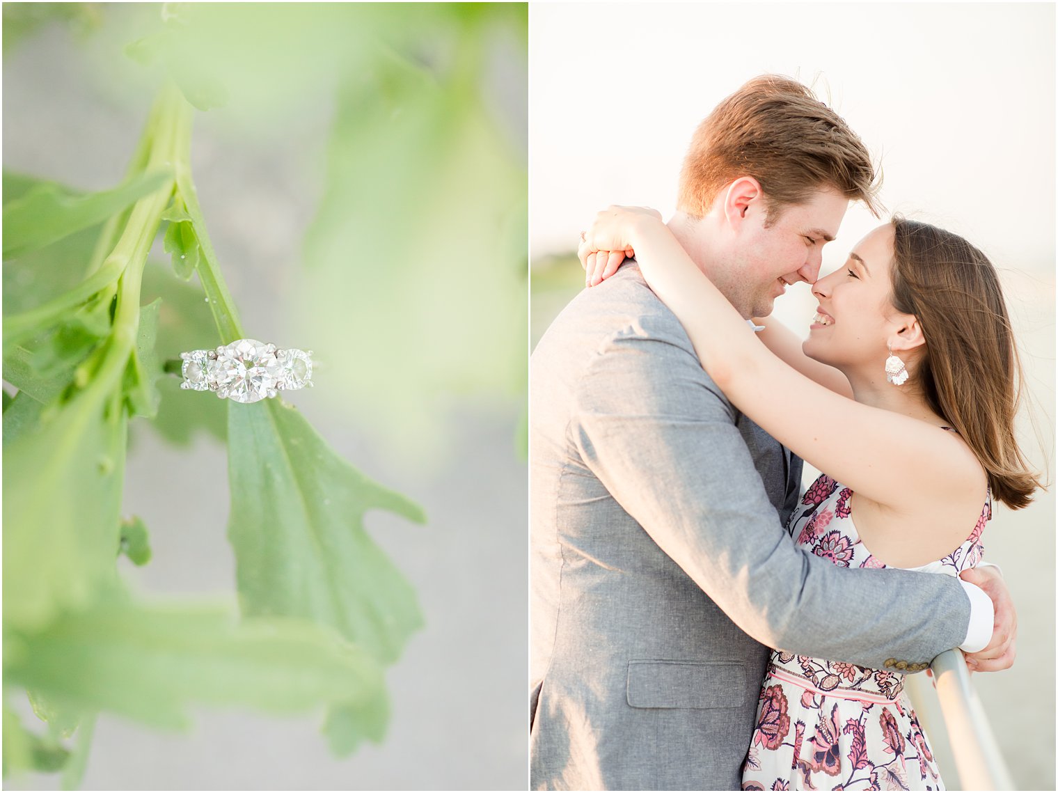 Engagement ring and couple posing for photos on the beach