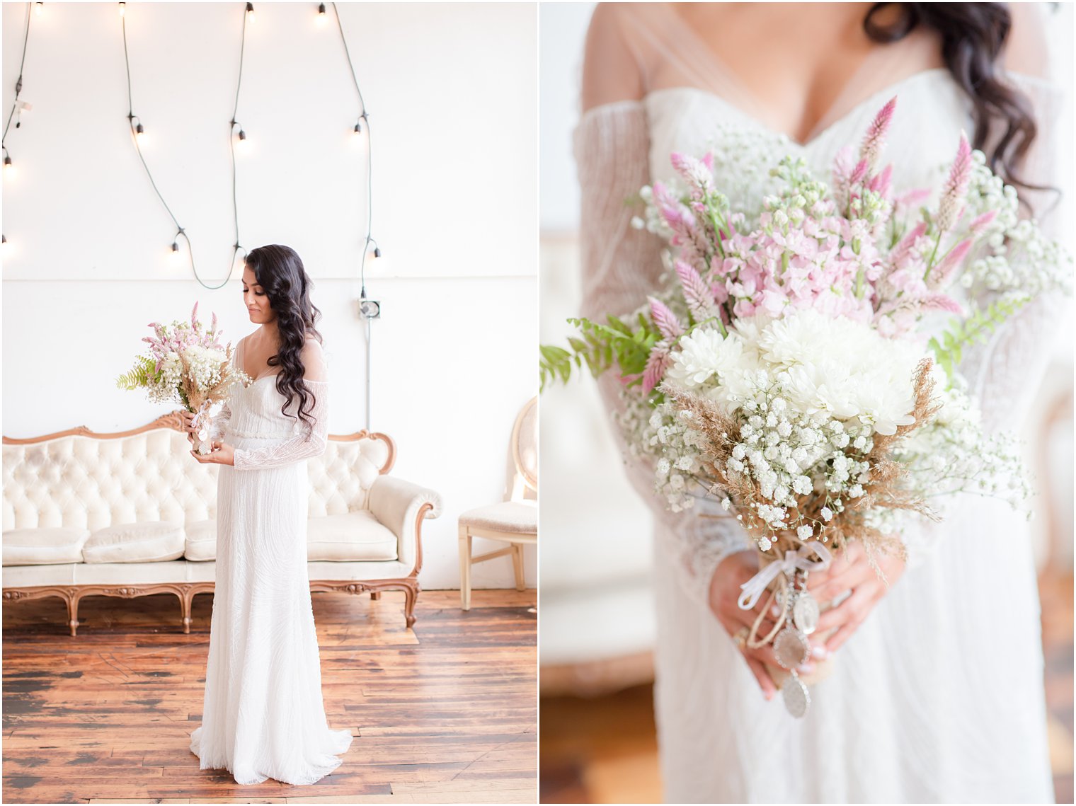 Bride holding bouquet with wildflowers 