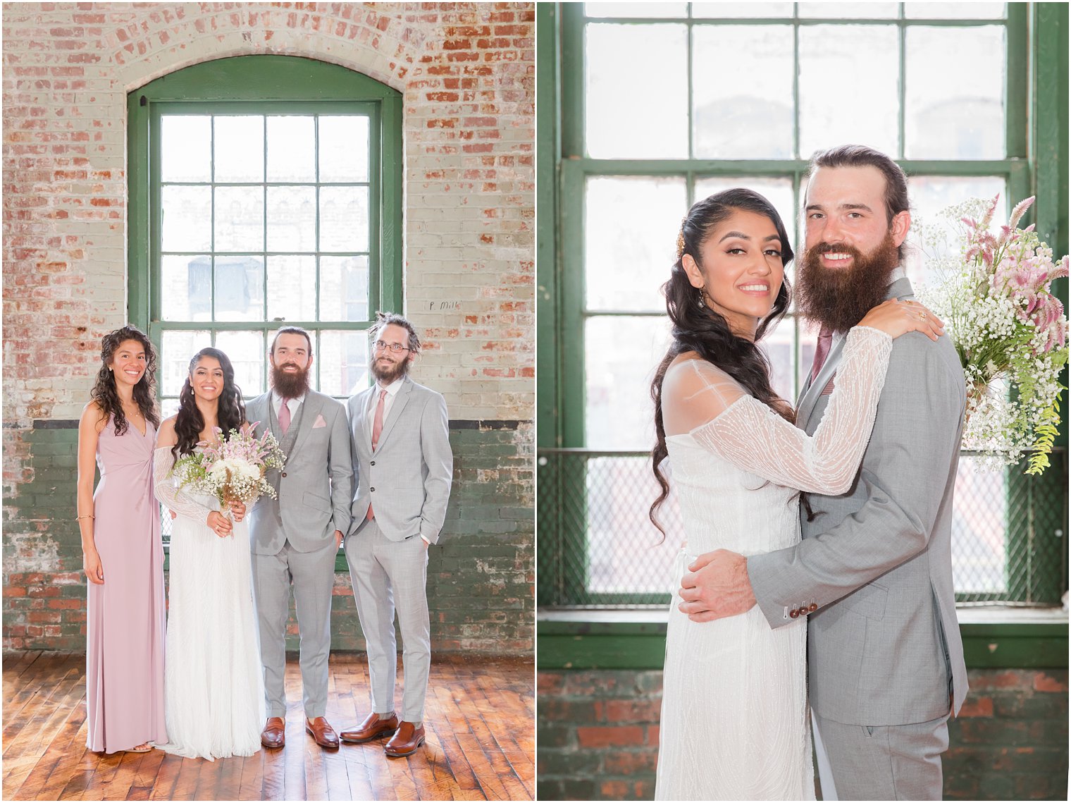 Bride and groom posing for photos at Art Factory Studios in Paterson NJ 