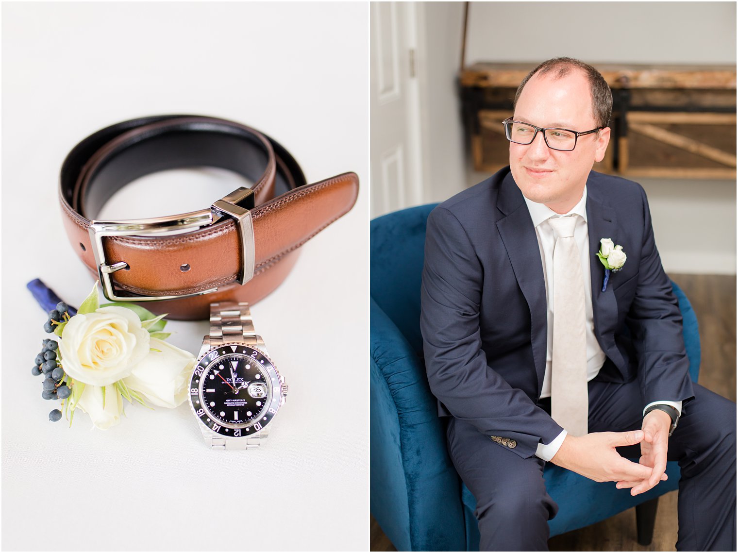 groom in navy suit prepares for Lake Mohawk wedding with Idalia Photography