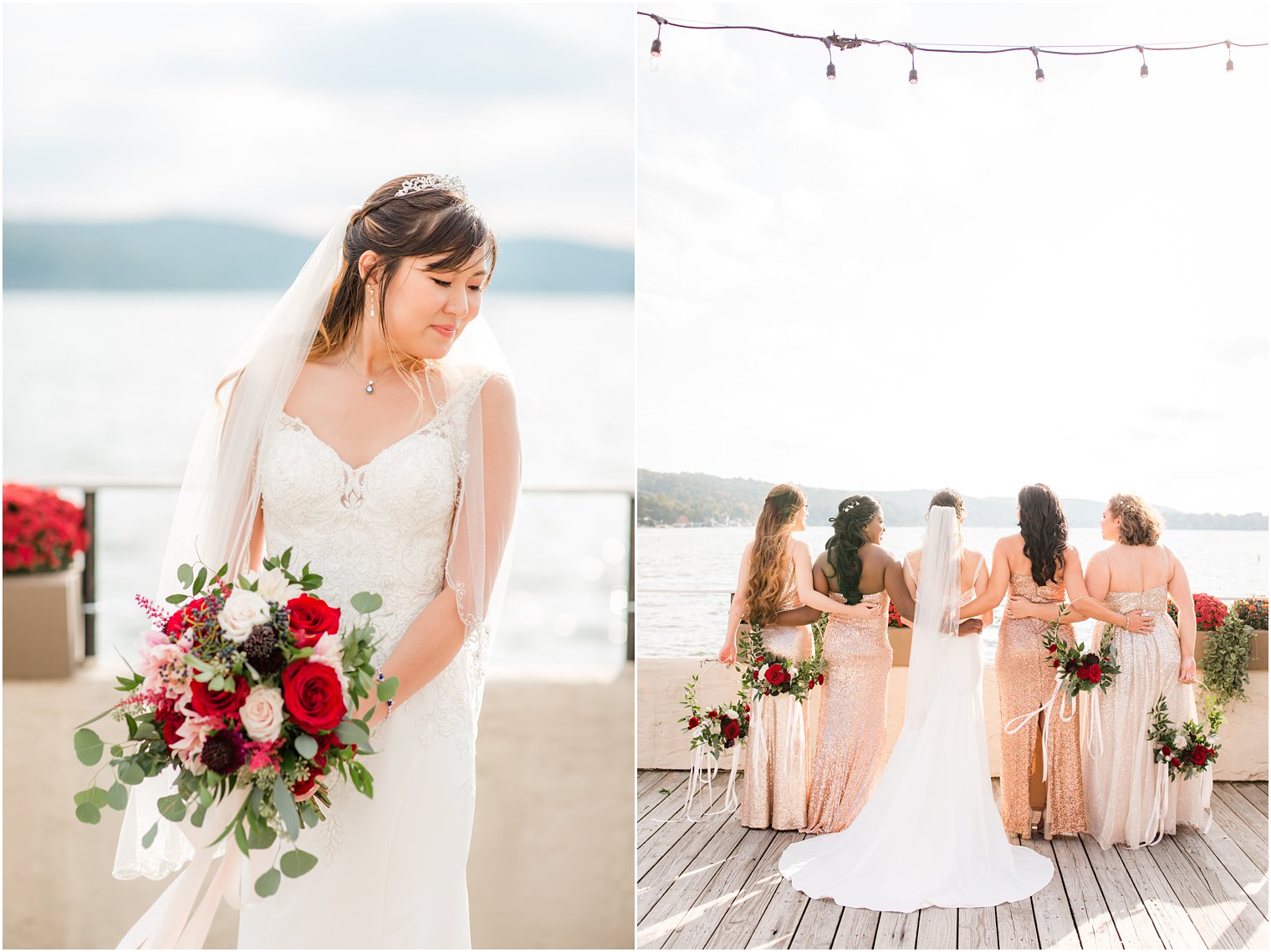 bride and bridesmaids pose by Lake Mohawk for Idalia Photography