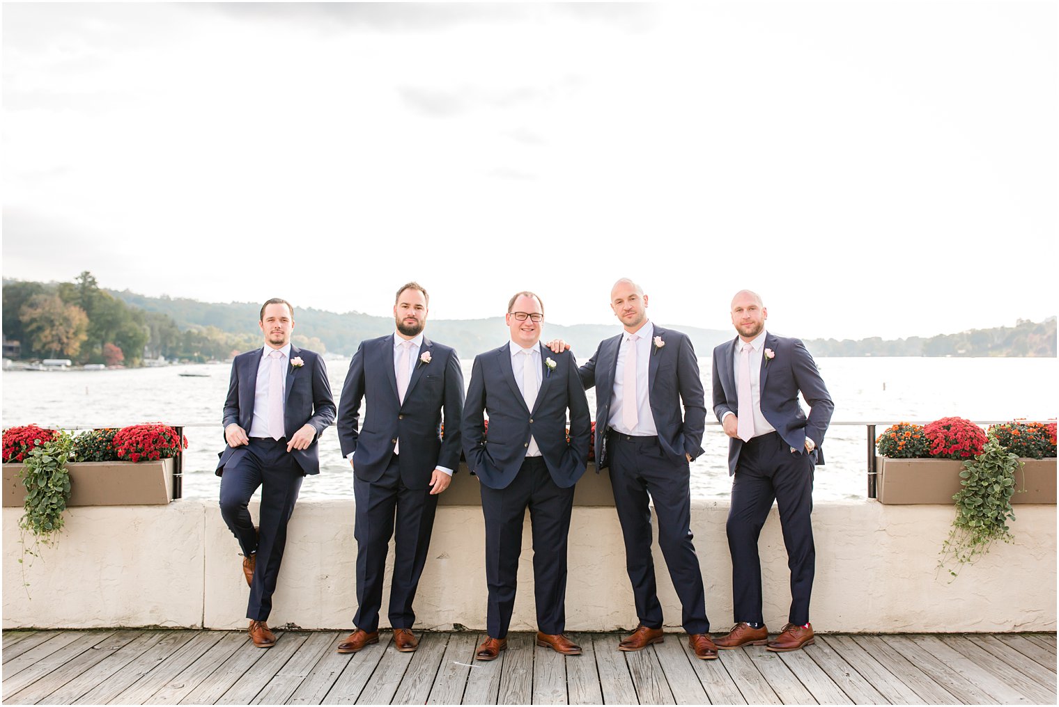 groomsmen in navy and pink for Lake Mohawk Country Club wedding with Idalia Photography