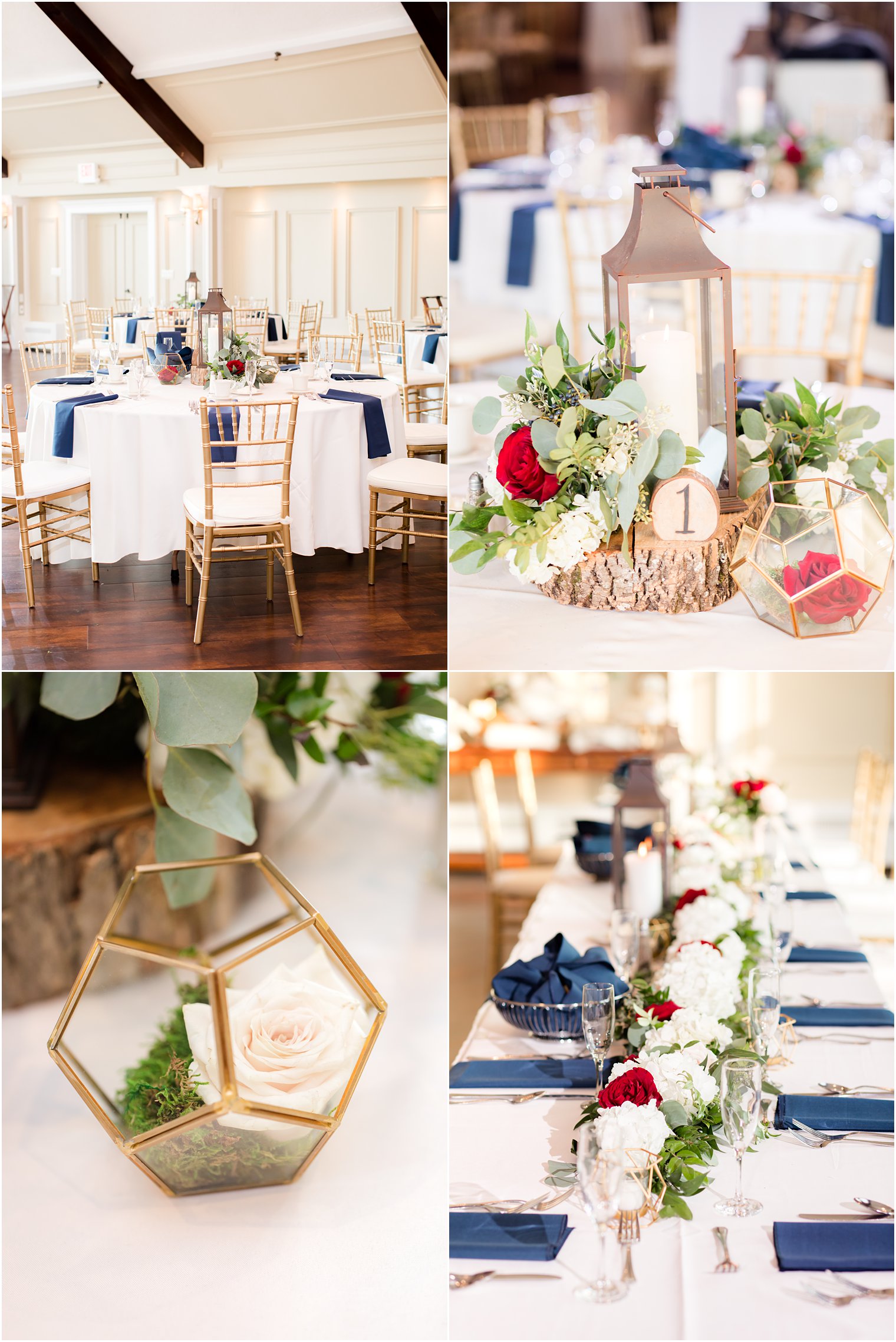 wedding centerpieces with lanterns and gold geometric terrariums 