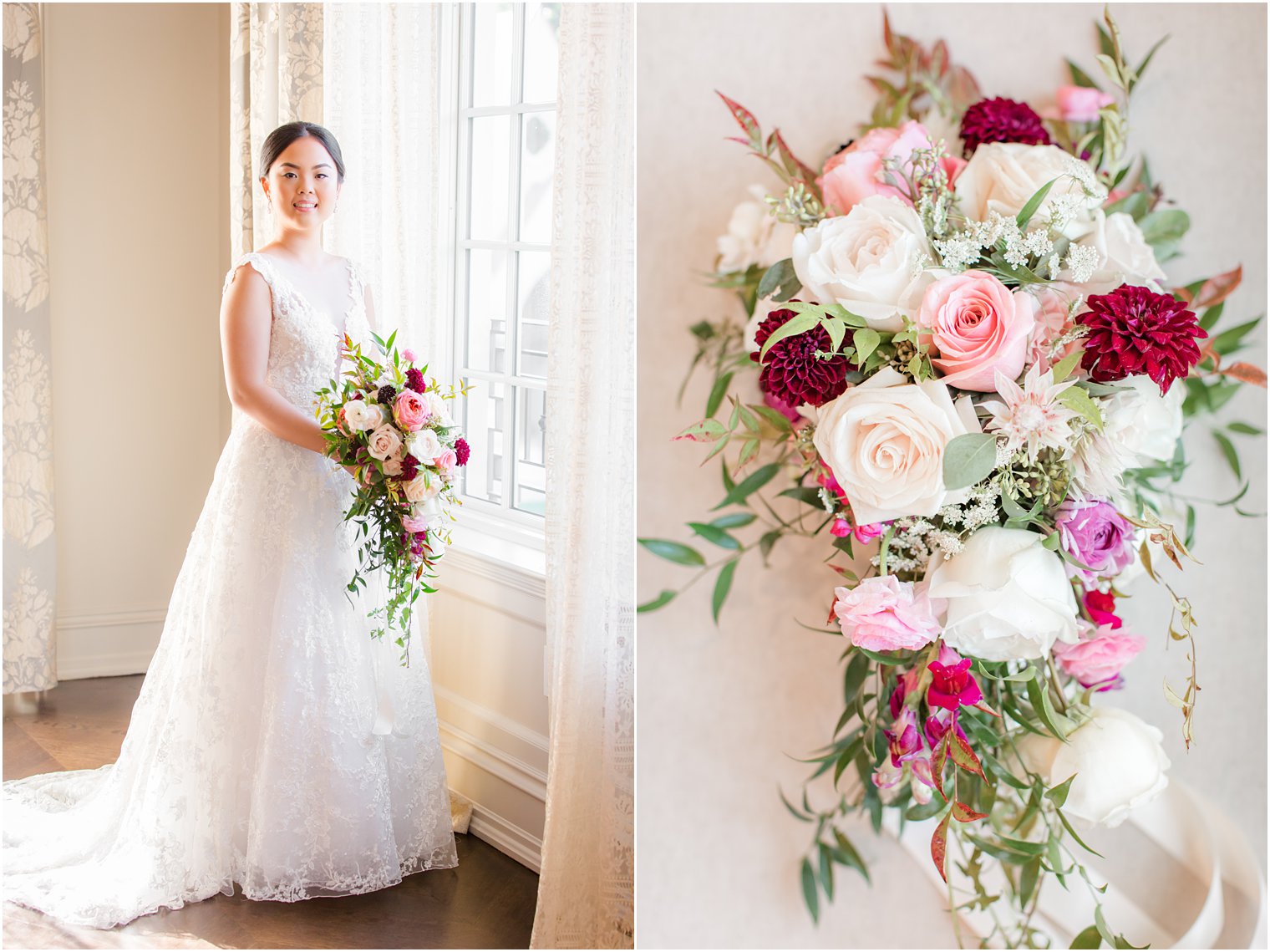 bride poses with bouquet of roses by Pink Dahlia Vintage