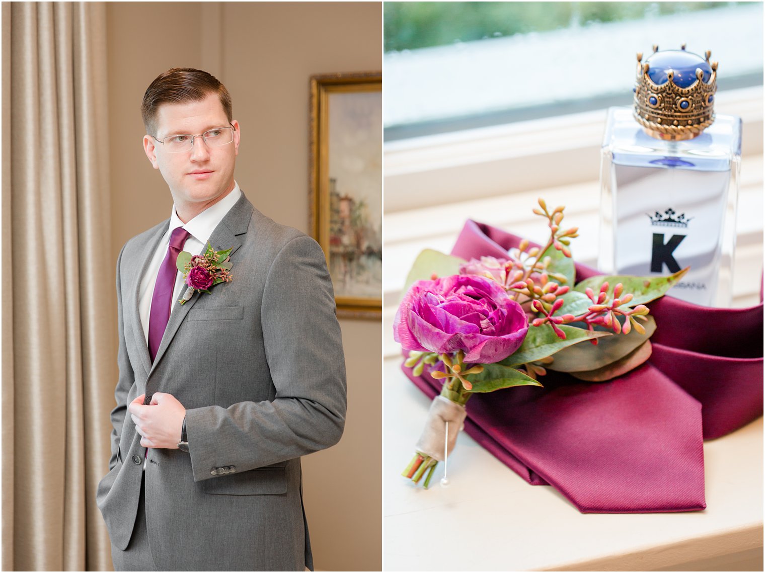 groom with burgundy and grey attire photographed by Idalia Photography