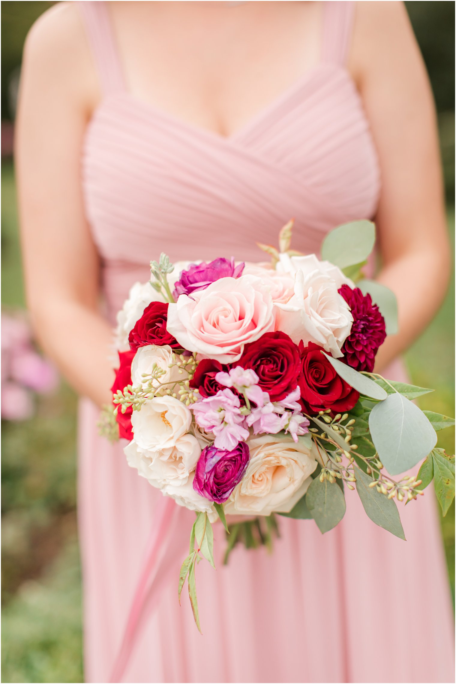red and pink bridesmaids bouquet by Pink Dahlia Vintage