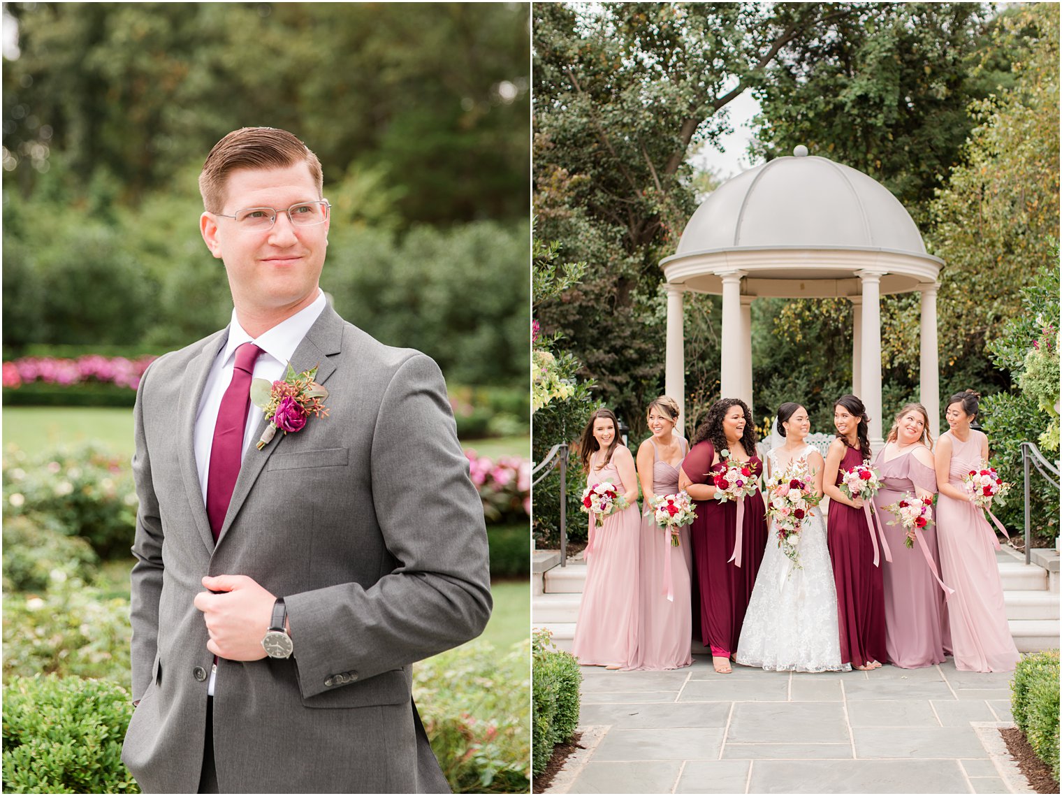 Idalia Photography photographs groom and bridesmaids in Park Chateau Estate gardens