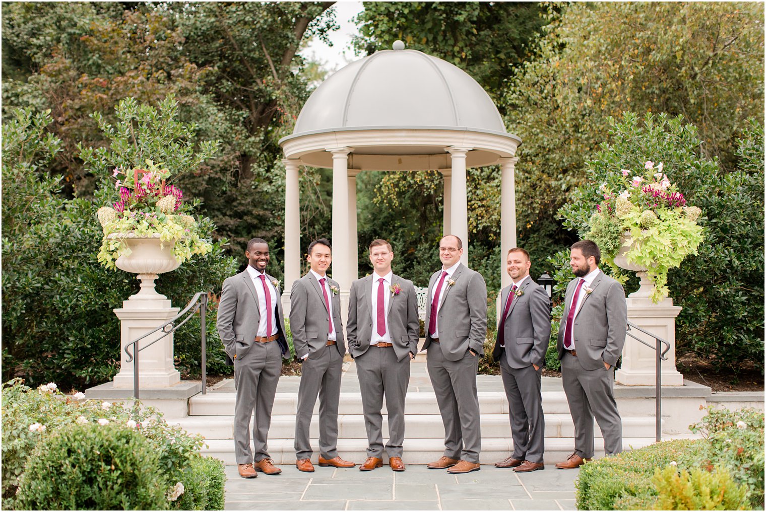 groomsmen photos in gardens of Park Chateau Estate with Idalia Photography