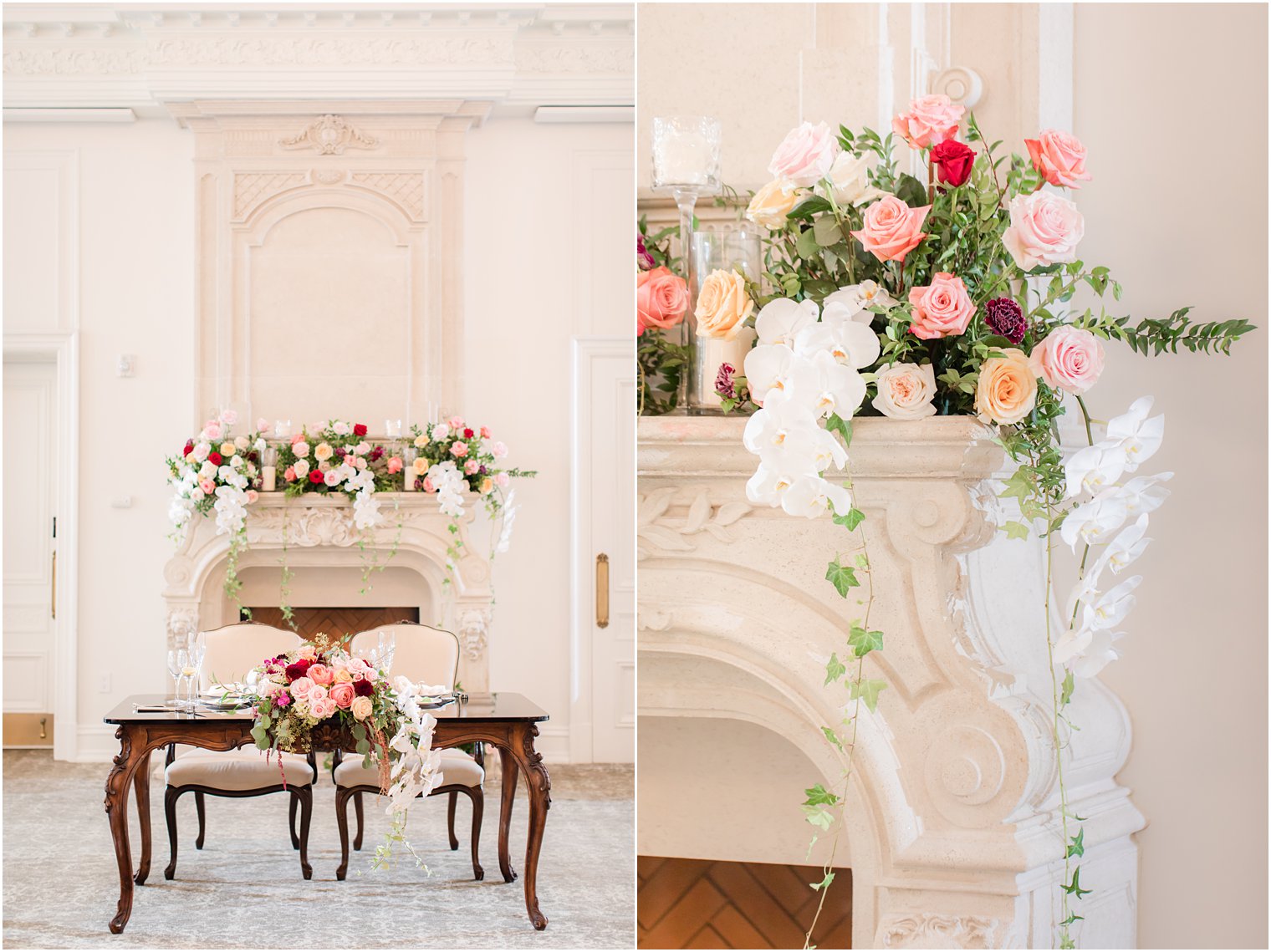 sweetheart table with flowers on the mantle at Park Chateau Estate by Pink Dahlia Vintage