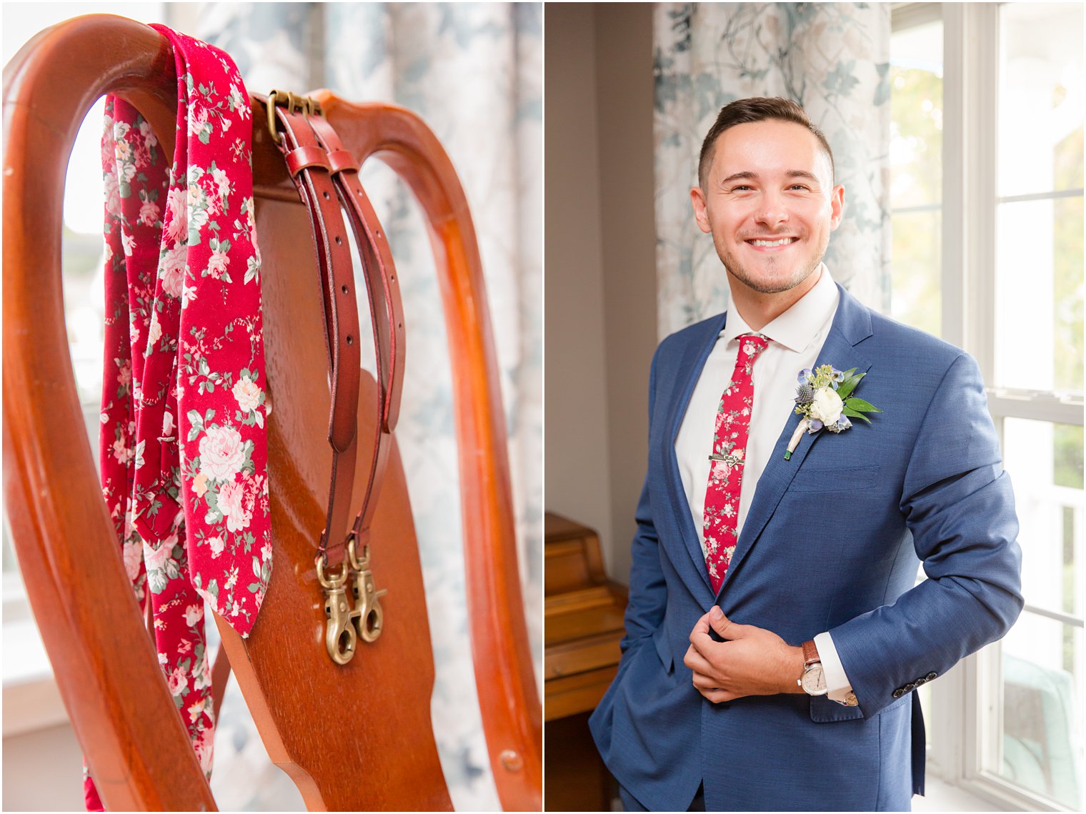 Groom wearing maroon floral tie