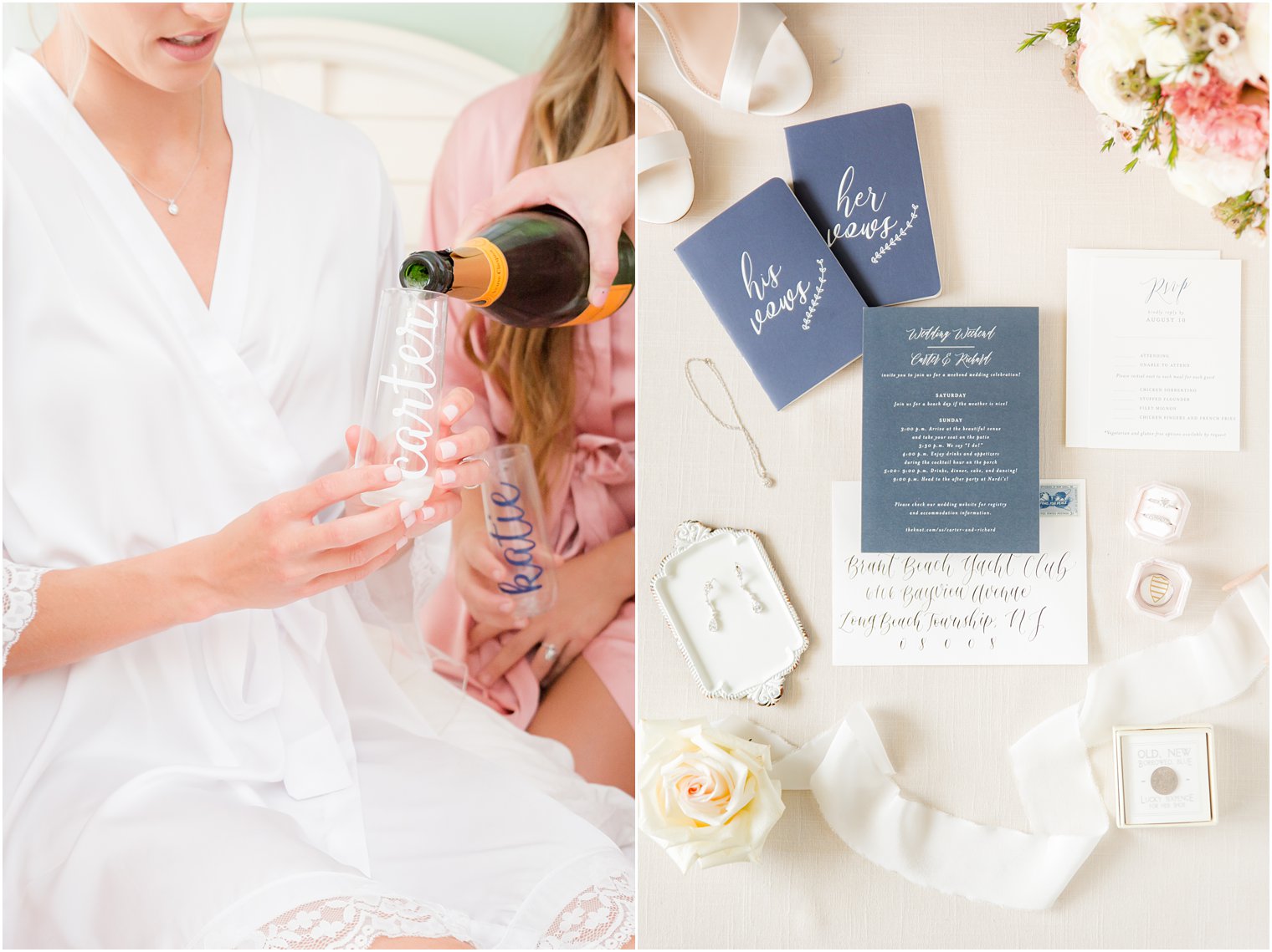 Bridesmaids drinking champagne on bed