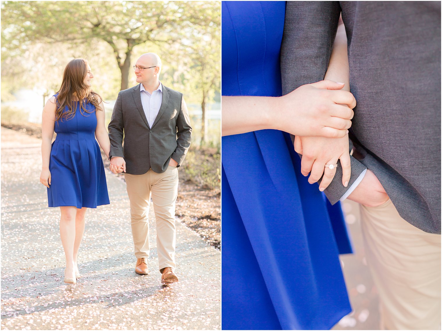 Engaged couple walking in the park holding hands at Branch Brook Park