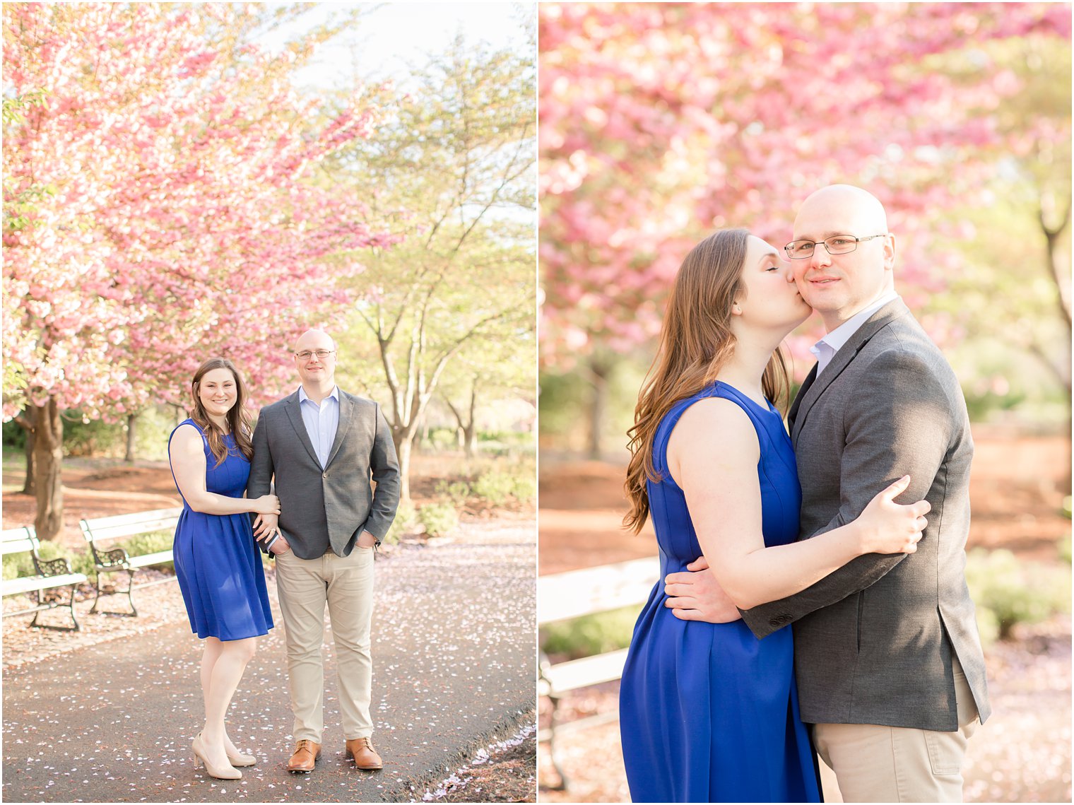 Woman wearing blue dress for cherry blossom engagement photos