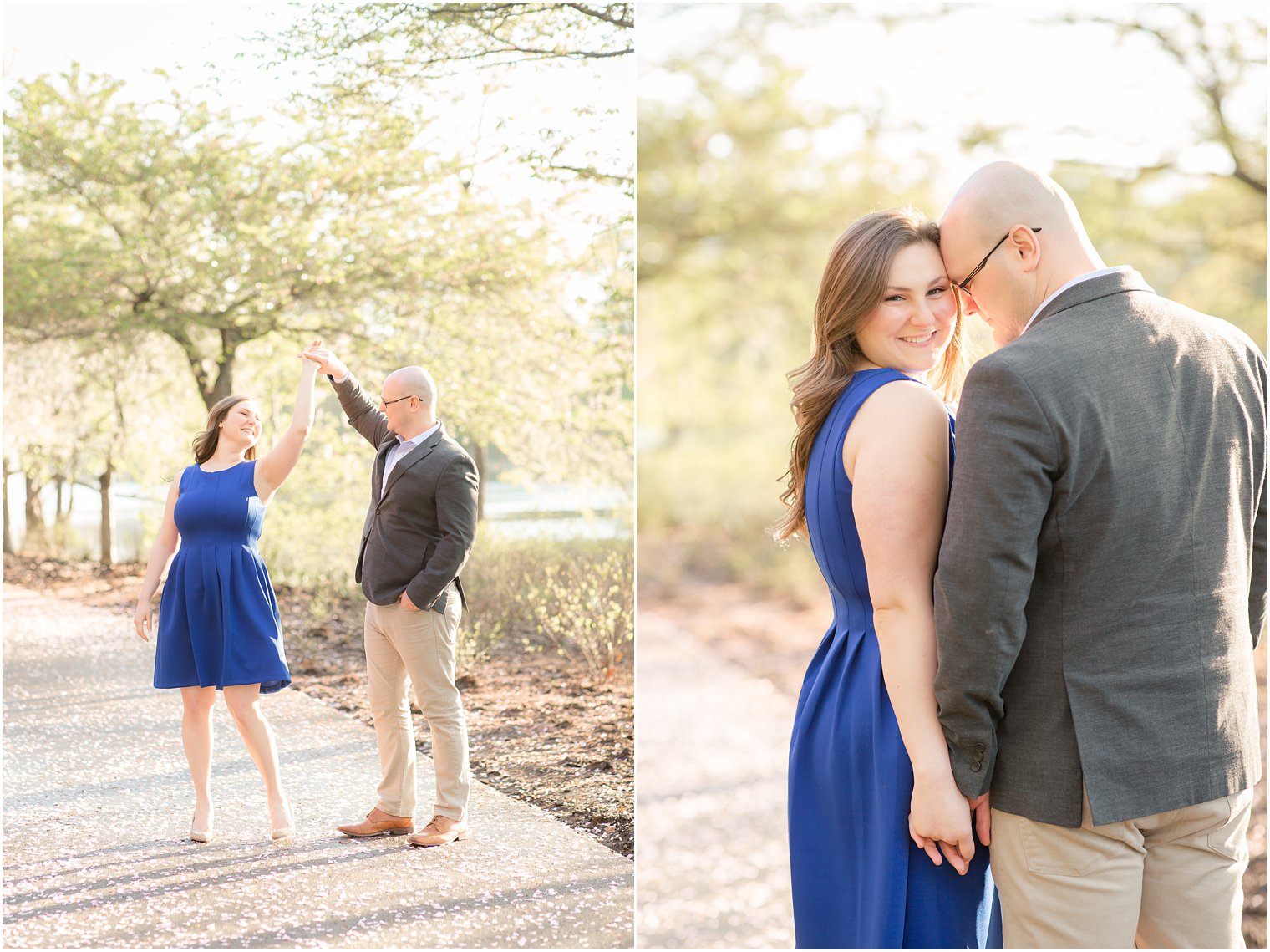 Engaged couple dancing in a tree-lined path at Branch Brook Park 